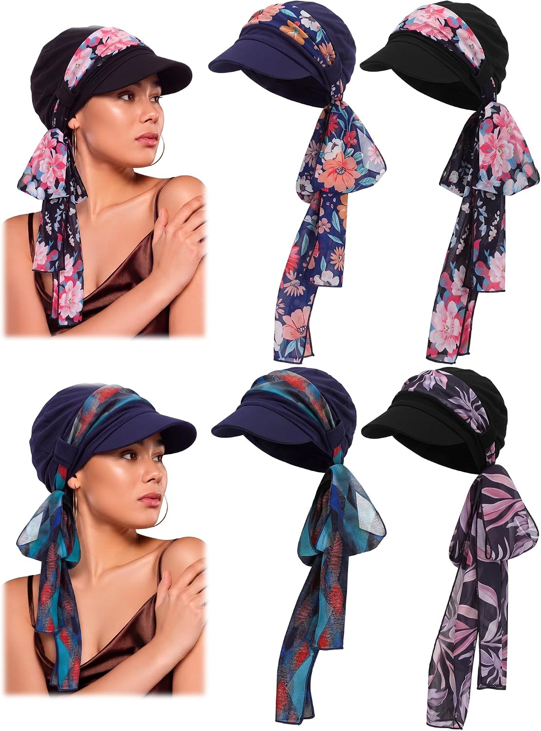 4 Pack Chemo Hats for Women with Brim Soft Newsboy Caps with Long Scarf Headwear for Hair Loss Cancer Patients Breathable Turban Head Scarf Sun Protection Fashion Head Covers Set