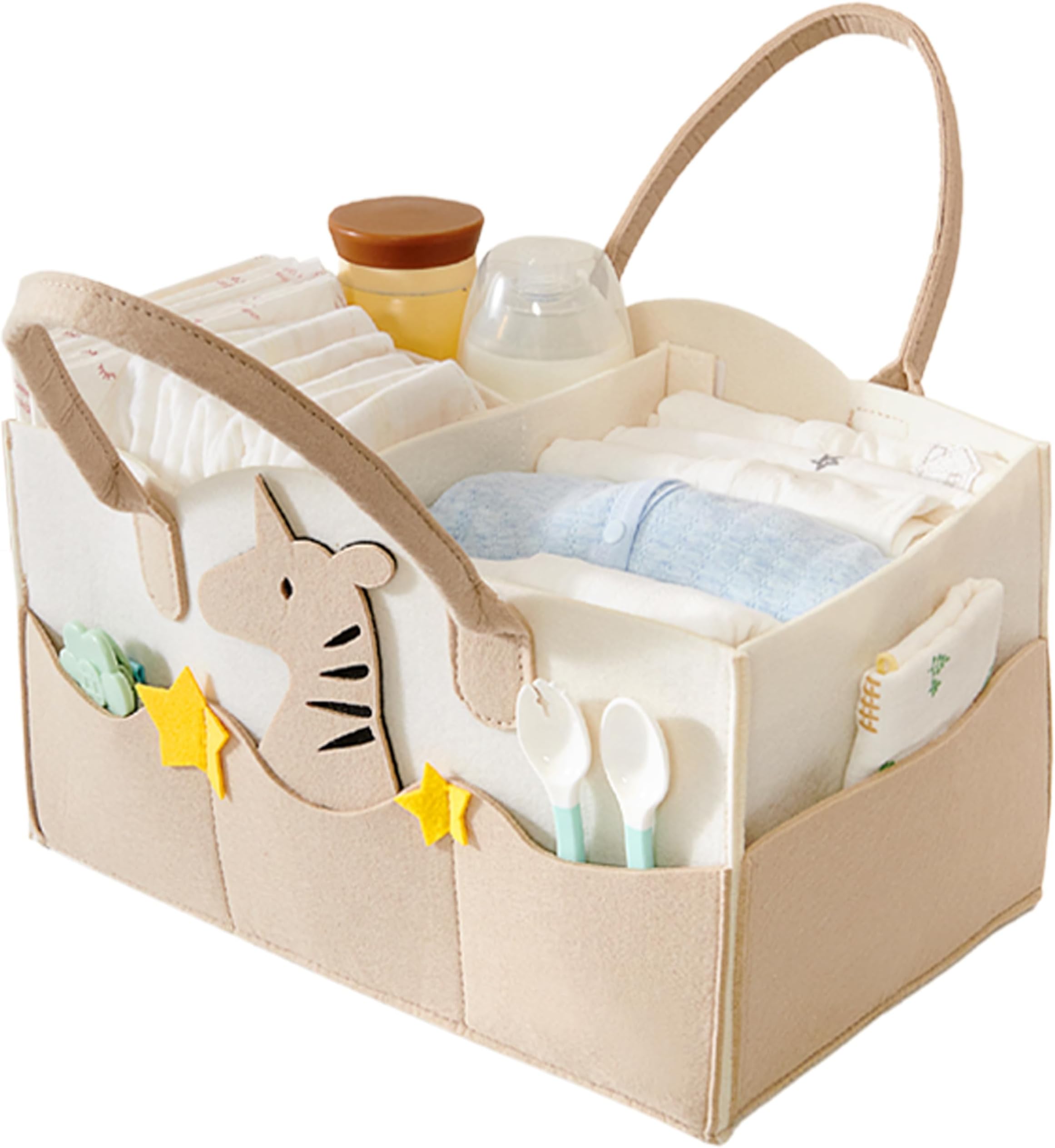 MOM CARE Baby Diaper Organizer Caddy | Nursery Storage Basket with Removable Dividers & 11 Pockets | Portable Baby Essentials Organizer for Diapers, Wipes, Bottles | Felt Diaper Storage Bag – Brown
