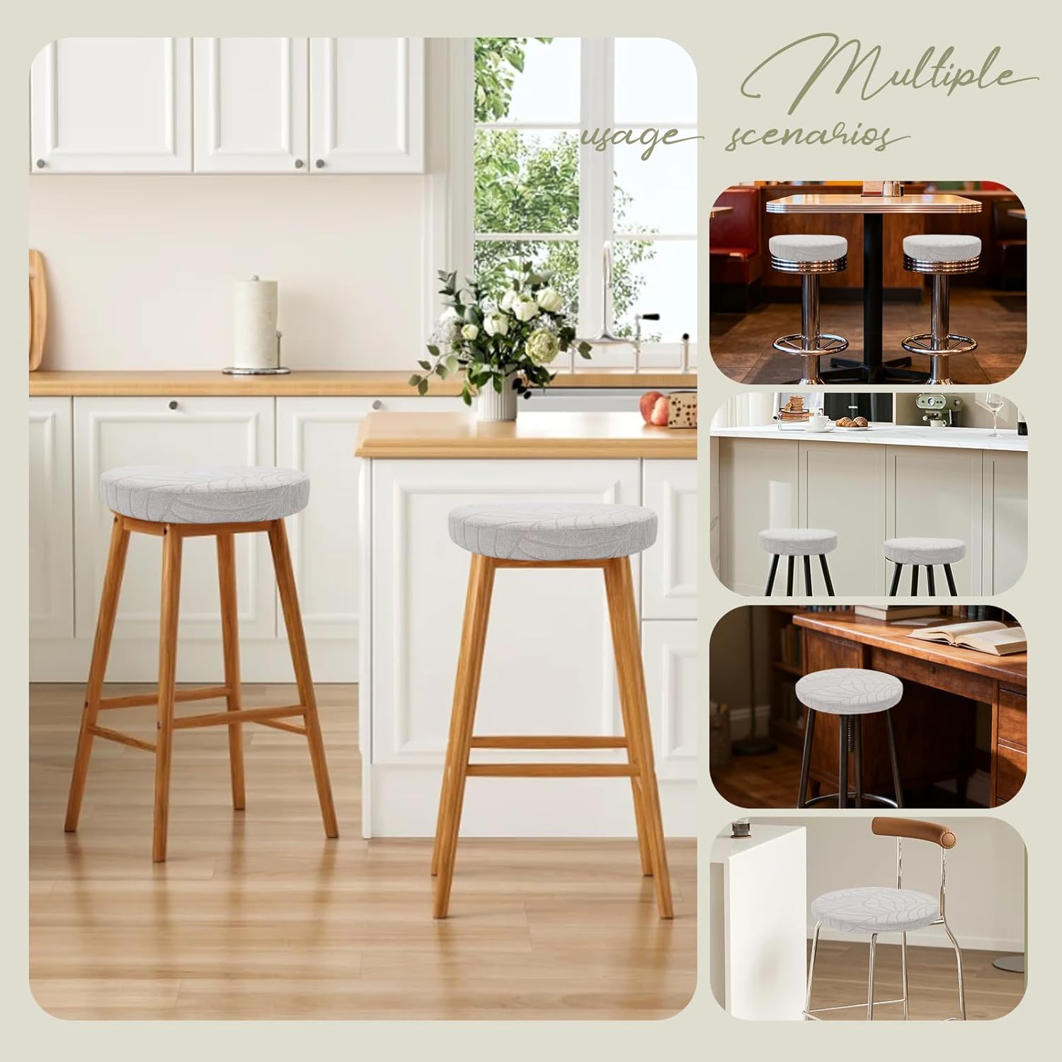 KRFOONN Waterproof Bar Stool Cushion 13 Inch Soft Round Foam Padded Seat Cushions Non Slip Round Bar Cushions Chair Pad Washable Bar Stool Covers with Elastic Bottom (13 Inch, Light Grey)