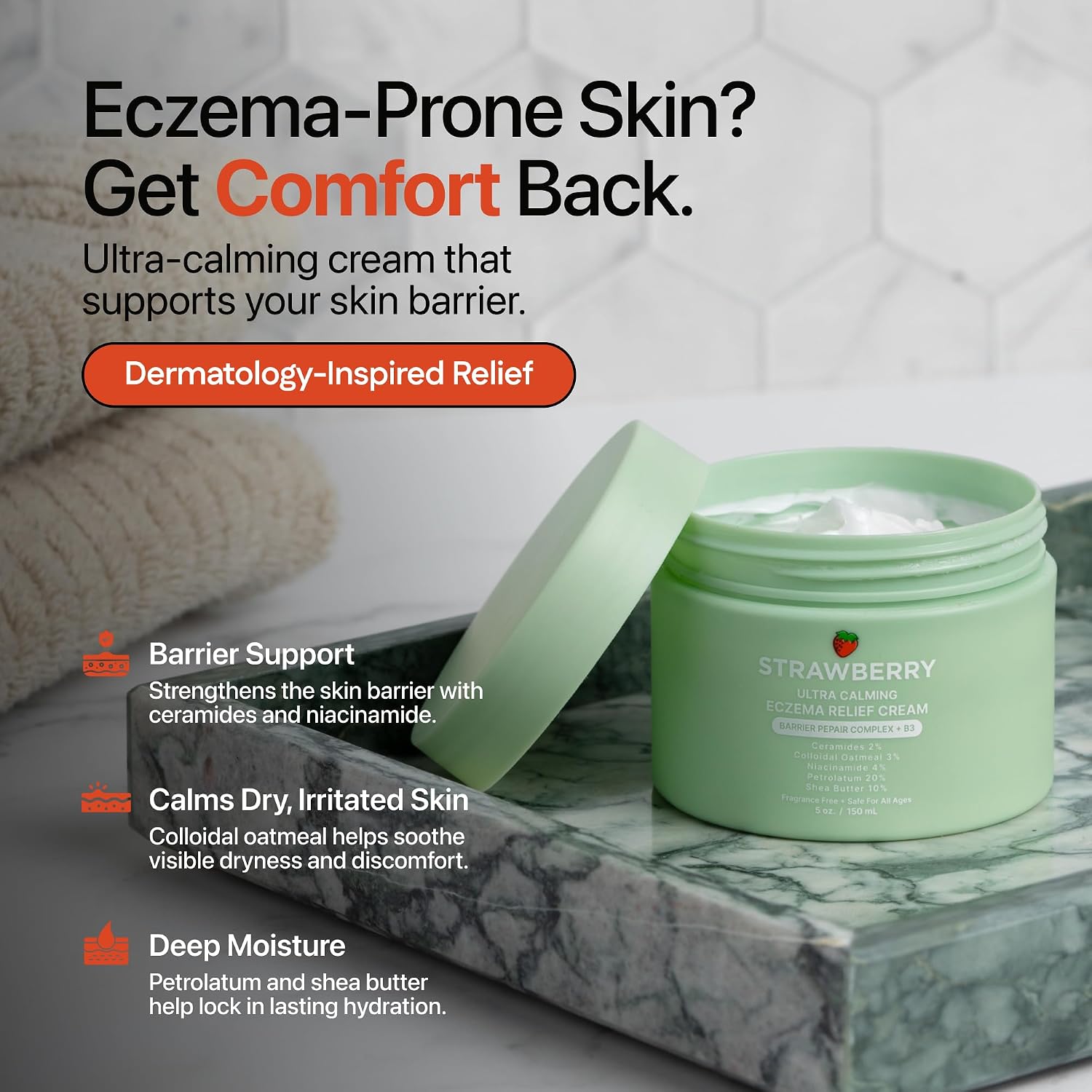STRAWBERRY® Barrier Repair Eczema Relief Cream Colloidal Oatmeal 3% + Ceramides + Niacinamide – Intensive Moisturizing Treatment for Dry, Itchy, Sensitive Skin – Face & Body [5 OZ]