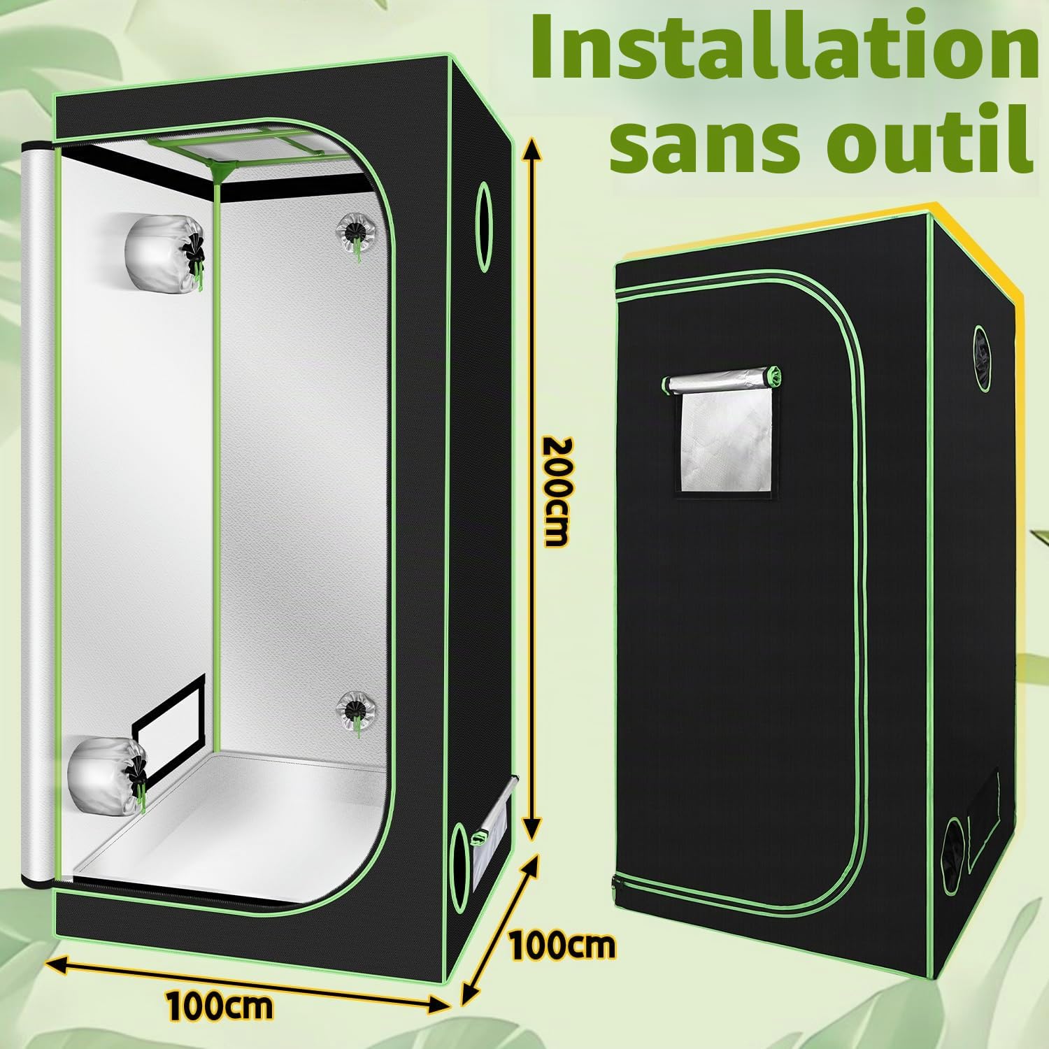Daromigo Rideau de culture 100 x 100 x 200 cm 600D Oxford imperméable pour la culture intérieure serre ventilée noir et vert
