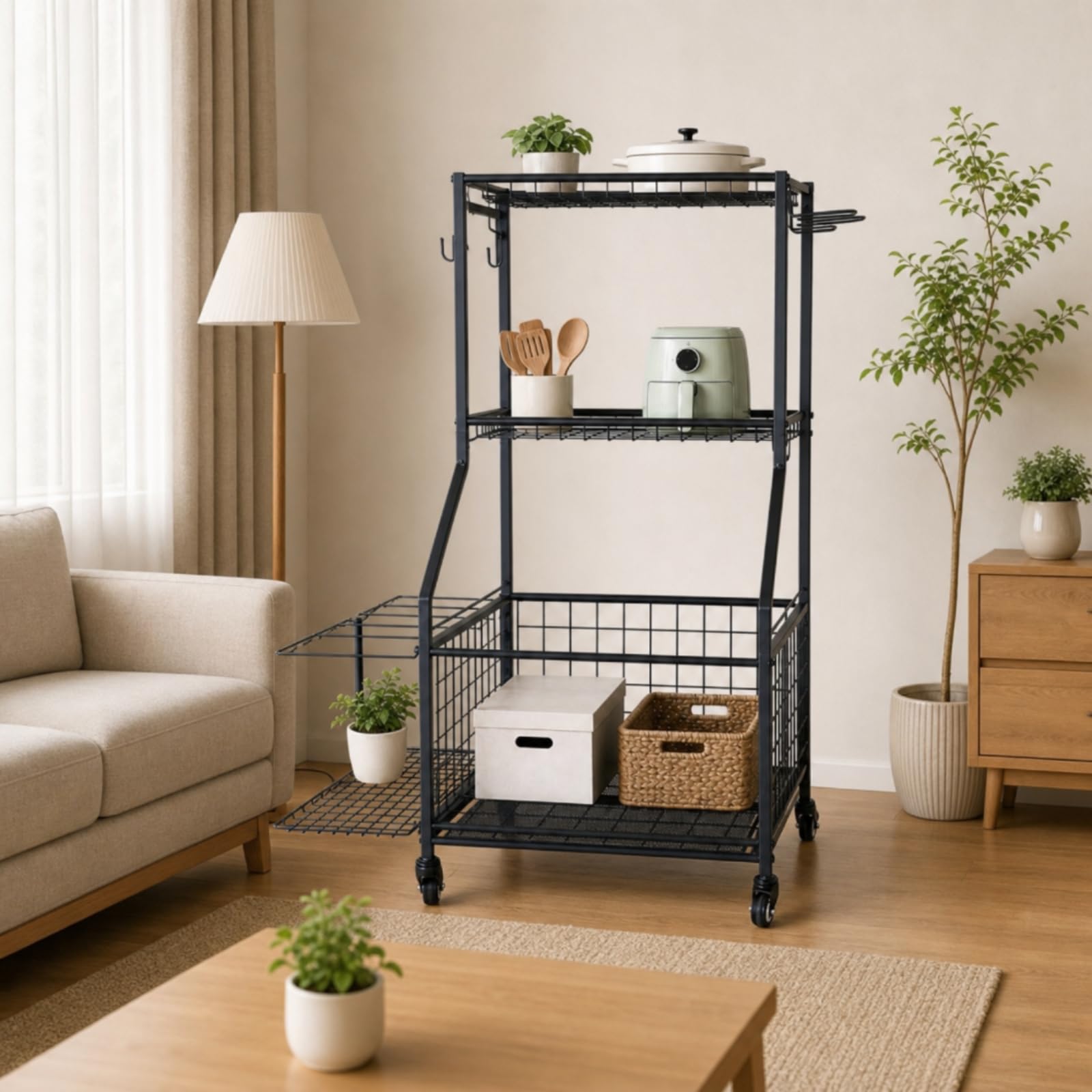 Carrello in Metallo con Ruote Multiuso Carrello Organizer con Ganci Compatto Scaffale per Palestra, Scuola
