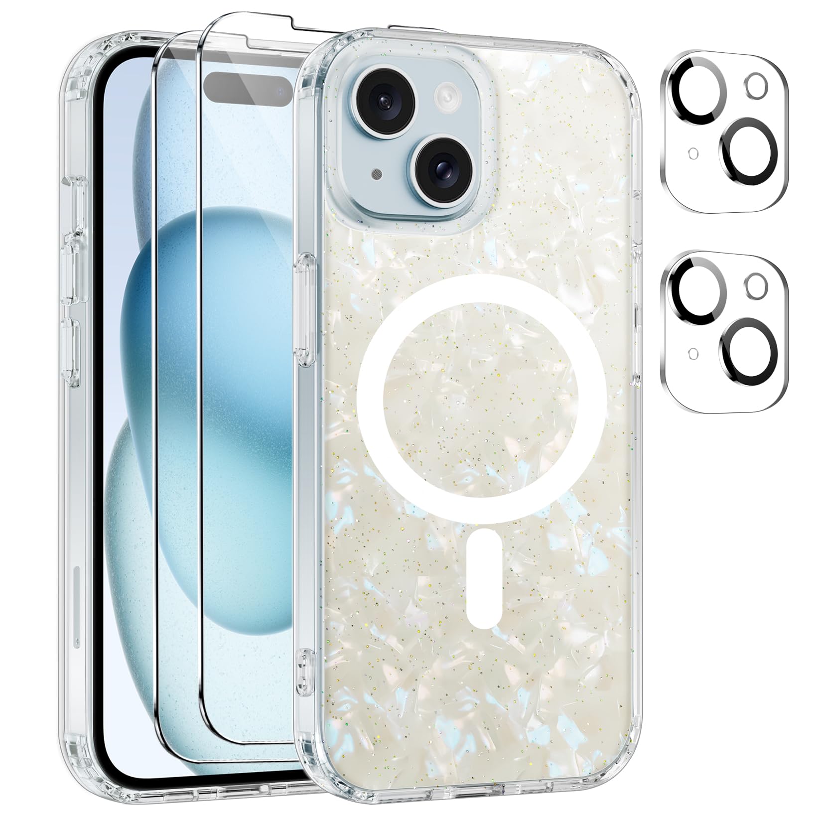 Czyoa Magnetic Cover per iPhone 15 Compatibile con 2 vetri temperati e 2 vetri per Fotocamera, Trasparente Slim Back PC+TPU Bumper Shockproof - Conchiglia Colorata - D6