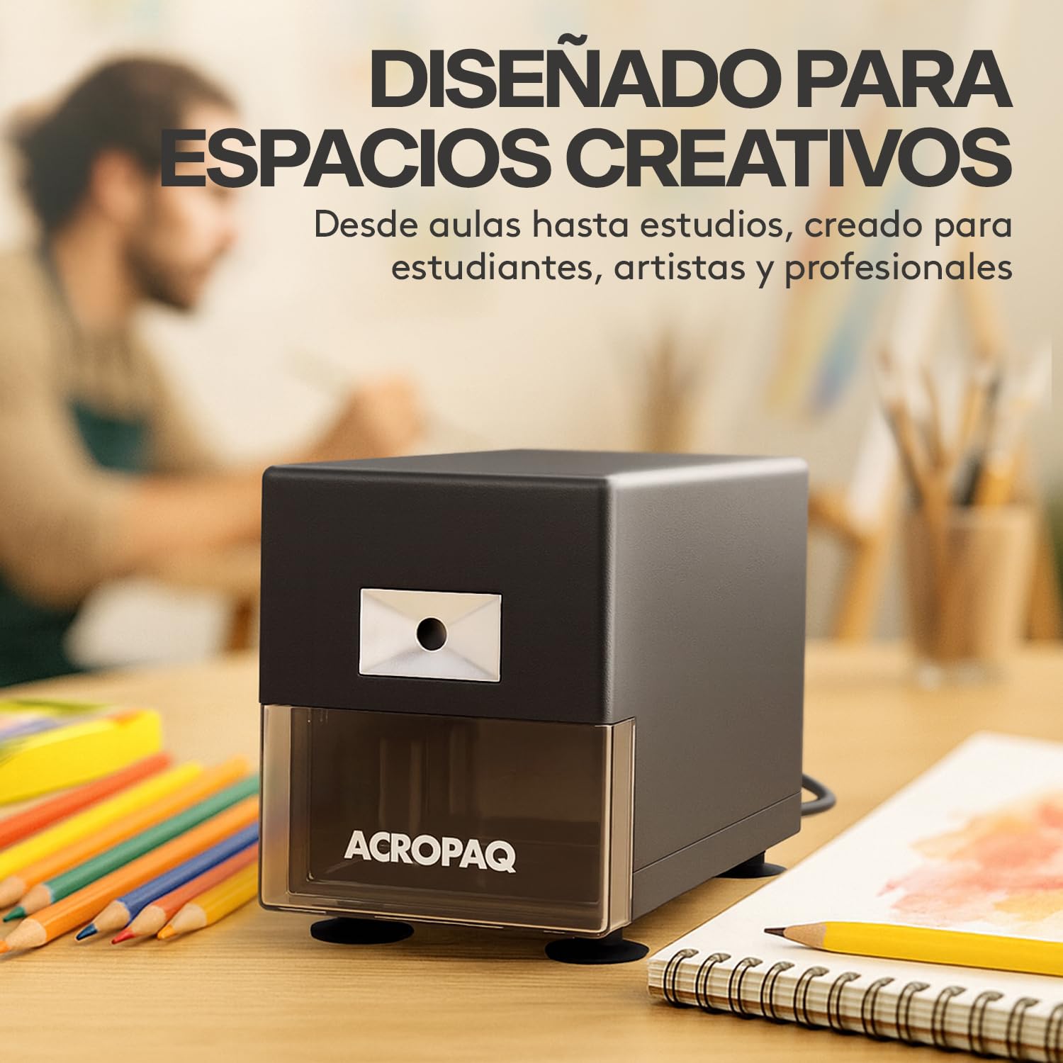ACROPAQ Sacapuntas Eléctrico con Depósito para Lápices Gruesos y Finos – Afilador Profesional de Alta Resistencia con Parada Automática y Protección contra Sobrecalentamiento