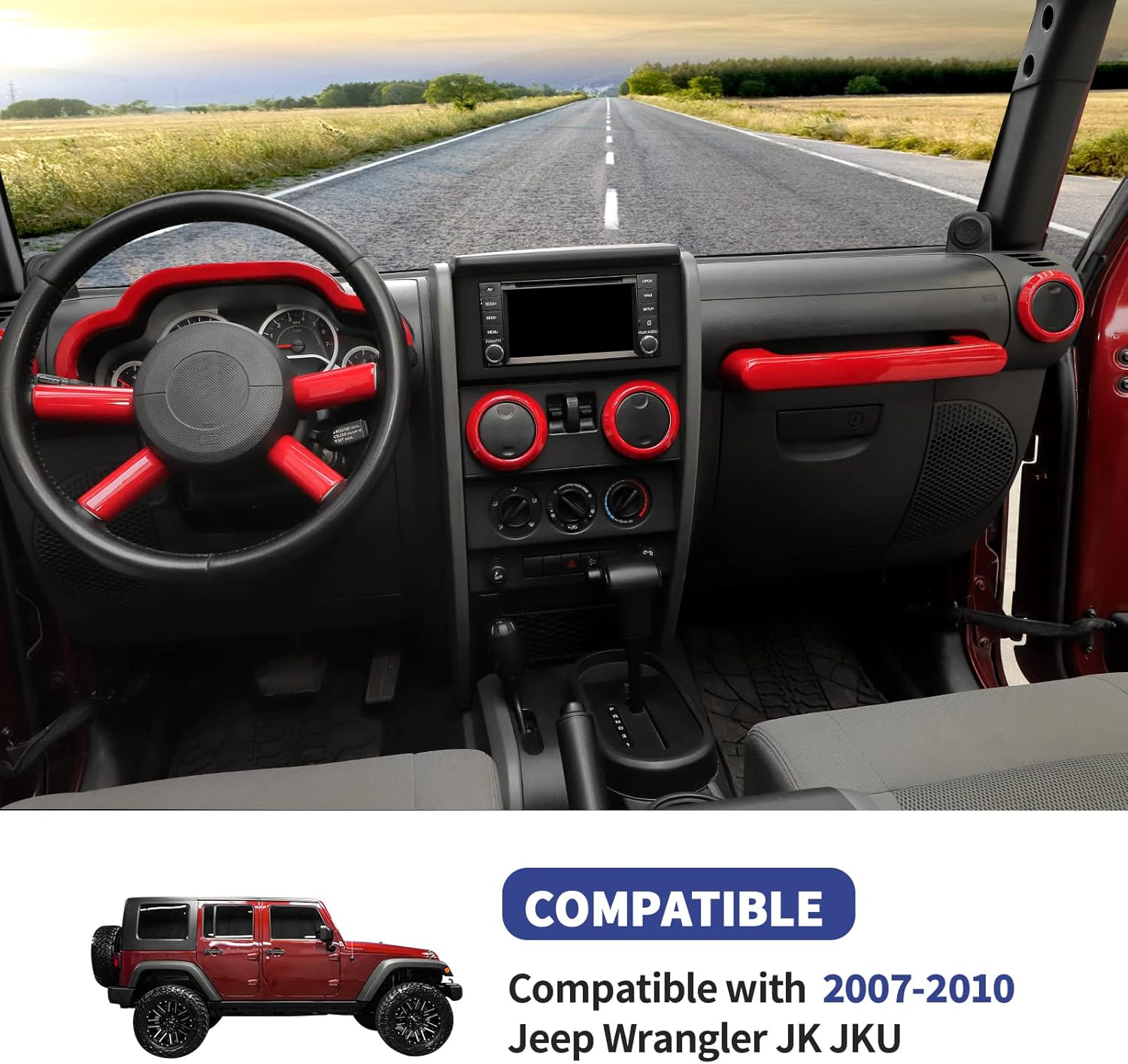 10PCS Full Set Interior Trim Kit Compatible with 2007-2010 Jeep Wrangler JK JKU,Co-Pilot Grab Handle Dashboard Frame Bezel Side Outlet Cover Trim (Red)