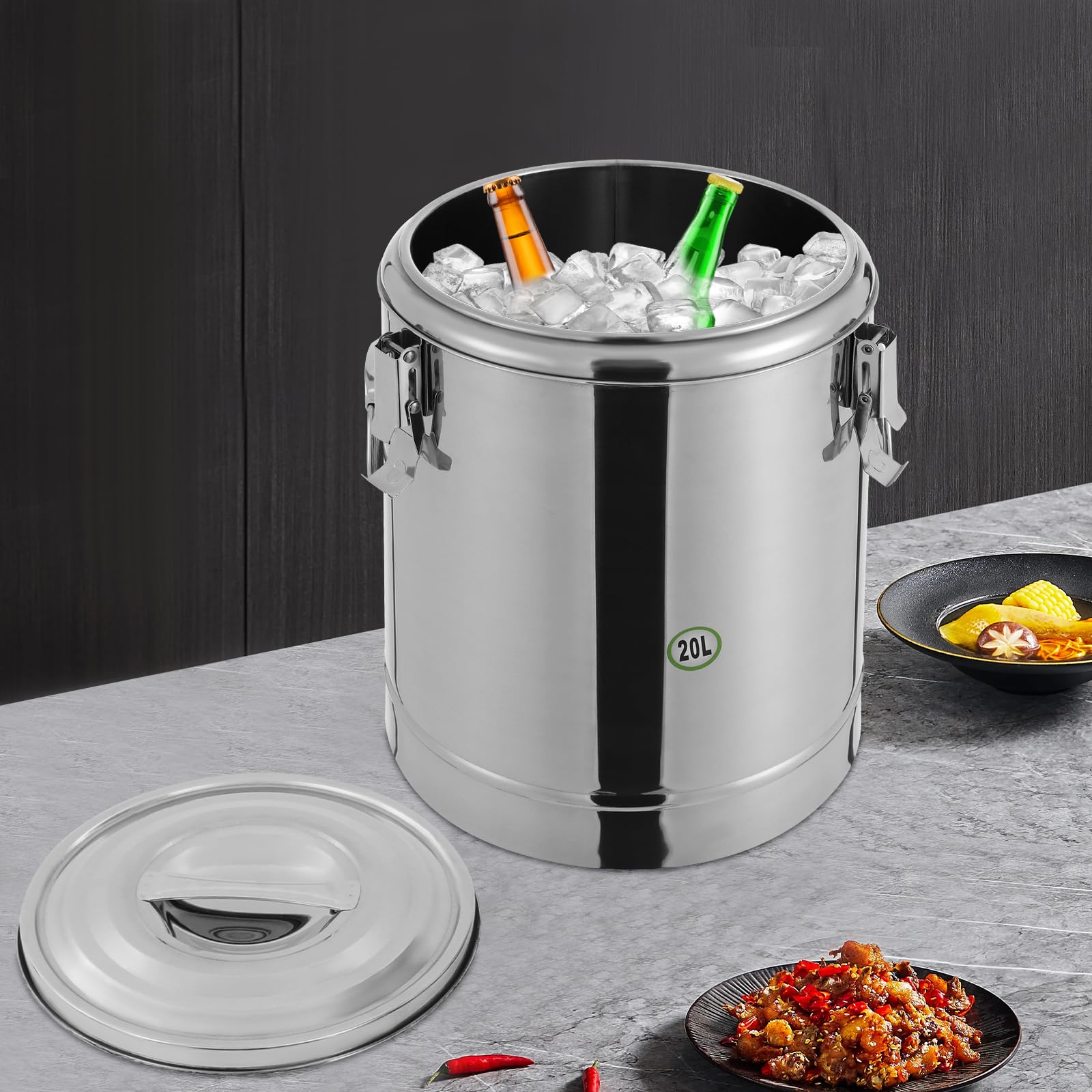 20L / 30L Transport Therm Transport - Recipiente térmico para alimentos de acero inoxidable con tapa y abrazadera de bloqueo, cubo de cocina de acero inoxidable para cantinas escolares (20 L)