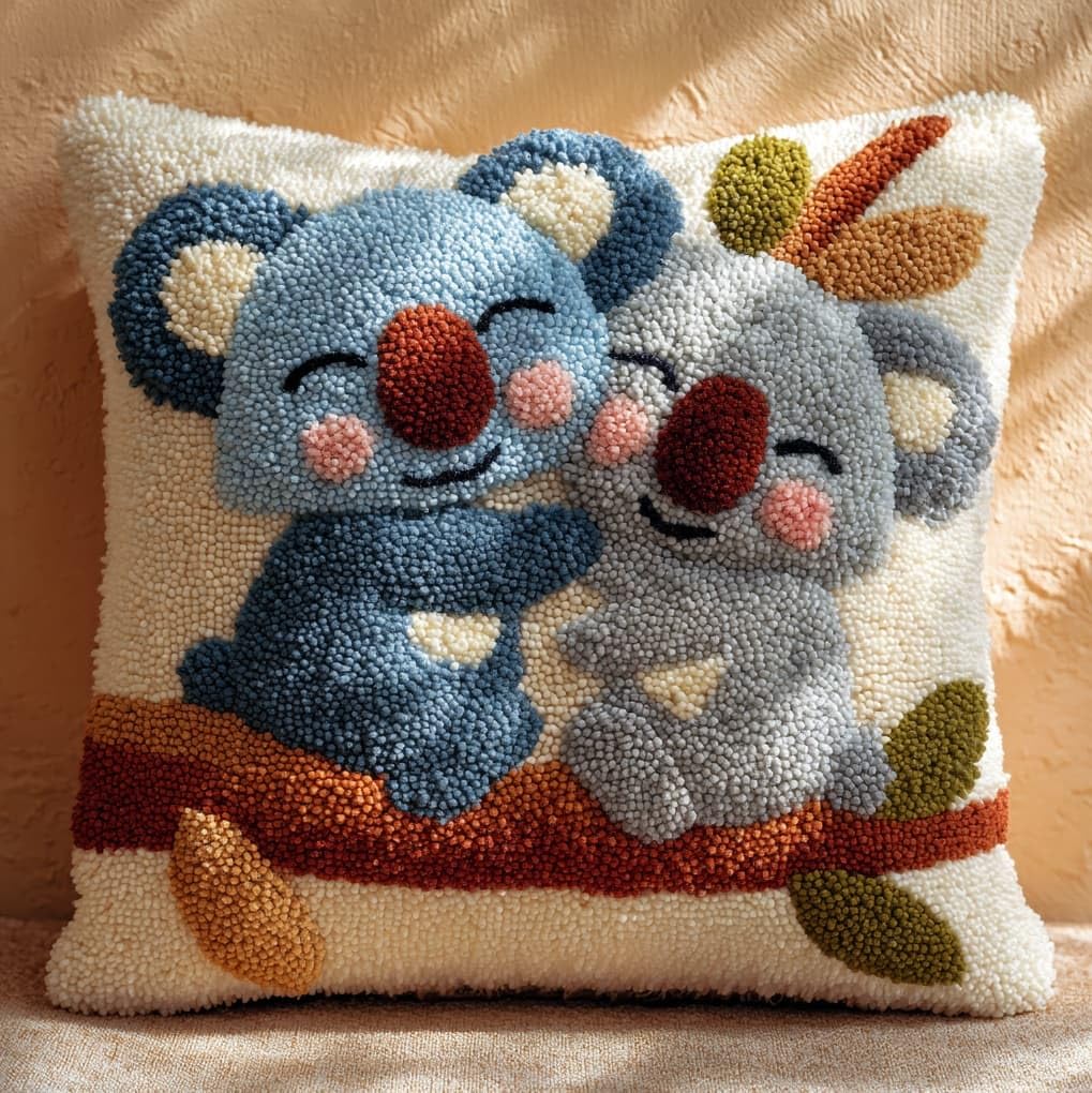 WallustrioaW Latch Hook Pillow Kits Cushion,Two Koalas,Printed Pillowcase Sofa Hooking Pillows Crafts Embroidery Latch Hooking Crochet Kits,17x17in