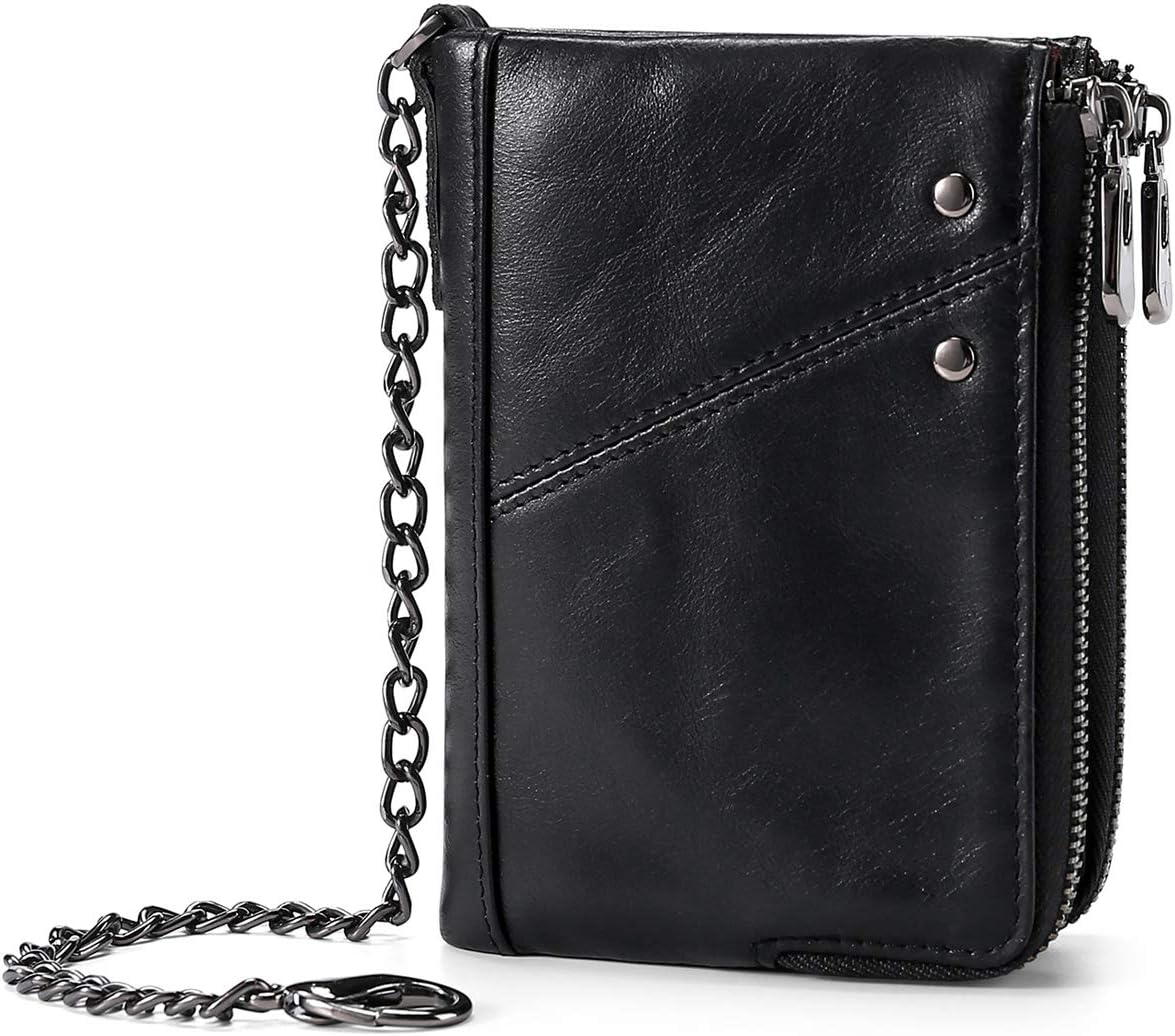 AilederMens RFID Blocking Wallet with Chain Real Leather Double Zipper Bifold Wallet Multi Card Holder Purse (Black)