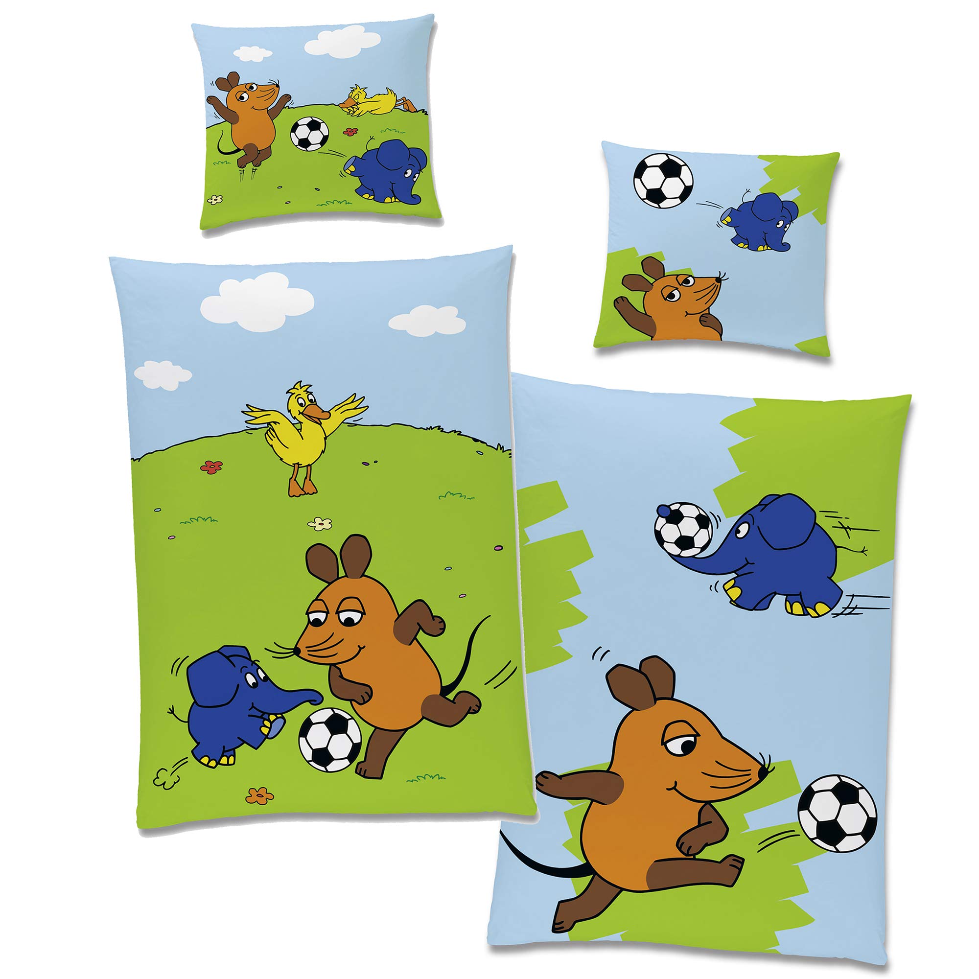 BERONAGE Die Sendung mit der Maus Kinder-Bettwäsche Fussball 135 x 200 + 80 x 80 cm 100% Baumwolle Linon Maus Elefant Ente Bettzeug Bett-Bezug Kissen-Decken-Bezüge Fußball-Turnier deutsche Größe