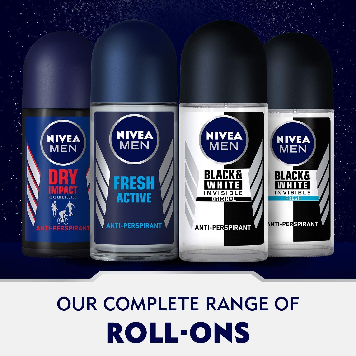 NIVEA MEN Black & White Fresh Anti-Stain Roll-On Deodorant 50ml – Up to 48h Sweat & Odour Protection, No White Marks on Dark Clothes, No Yellow Stains on White, Alcohol-Free Fresh Scent for Men