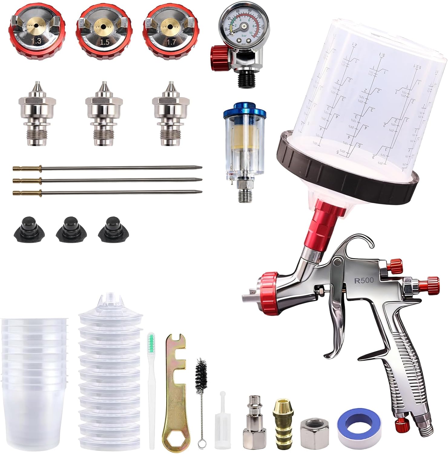R500 LVLP Spray Gun with 600ml Mixing Cup & 10 Disposable Cups, 1.3/1.5/1.7mm Nozzles, Professional Automotive Paint Gun for Car, Furniture, House Painting, Fence, Varnish & Top Coat
