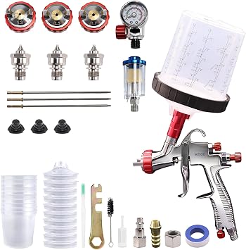 R500 LVLP Spray Gun with 600ml Mixing Cup & 10 Disposable Cups, 1.3/1.5/1.7mm Nozzles, Professional Automotive Paint Gun for Car, Furniture, House Painting, Fence, Varnish & Top Coat