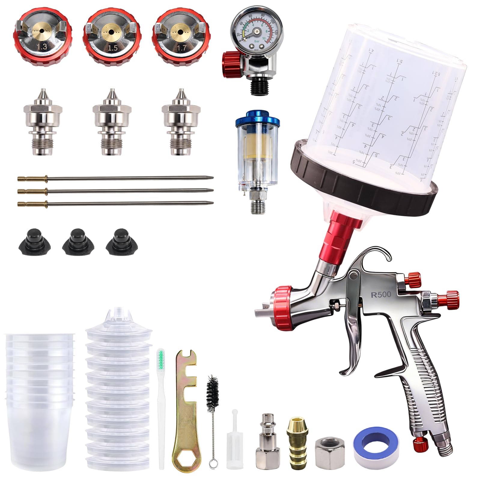 R500 LVLP - Pistola a spruzzo con tazza di miscelazione da 600 ml e 10 tazze usa e getta, ugelli da 1,3/1,5/1,7 mm, pistola professionale per auto, mobili, casa, recinzioni, vernici e top coat