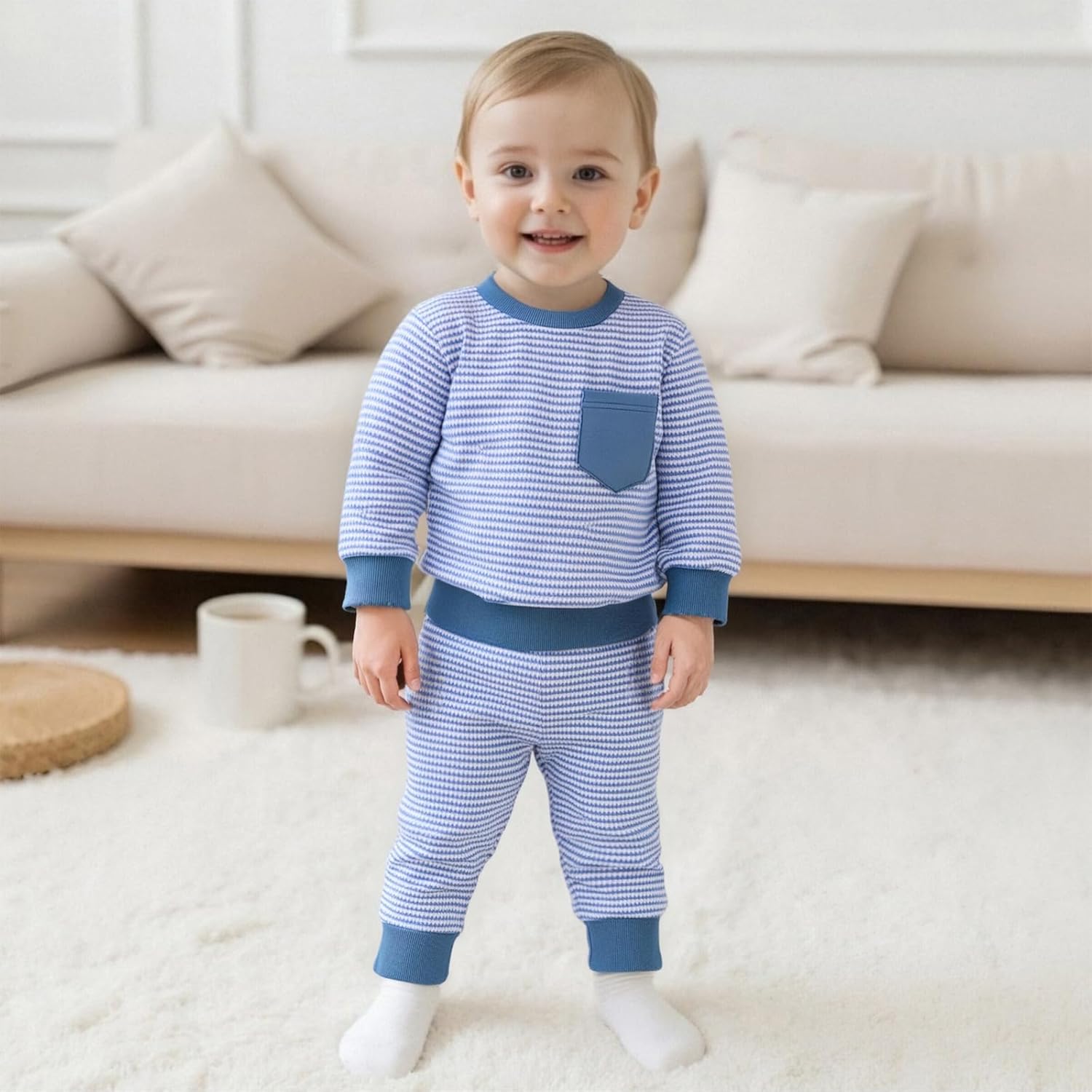 Baby Boy Toddler Fall Outfit Striped Sweatshirt Toddler Boy Winter Waffle Clothes 3 6 12 18 Months 2 3 T Pant Set - Image 3