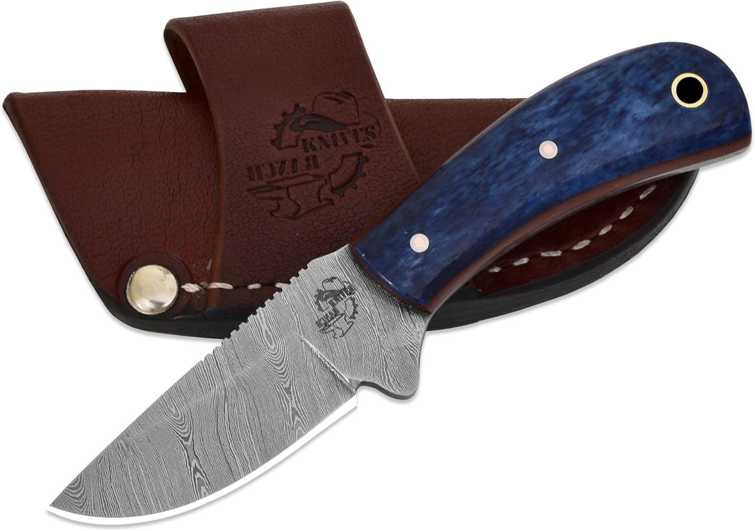 Knives Ranch EDC Fixed Blade Knife, Damascus Skinning Knife, Cattle Bone Handle and Horizontal Carrying Sheath Snug Fit (2006-BLU)