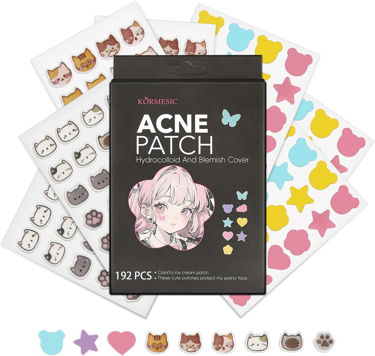 Pimple Patches 192PCS | 12 Cute Shapes & 34 Colors Acne Stickers for Face | Hydrocolloid Blemish Patches with Tea Tree Oil & Salicylic Acid | Waterproof Spot Cover for All Skin Types
