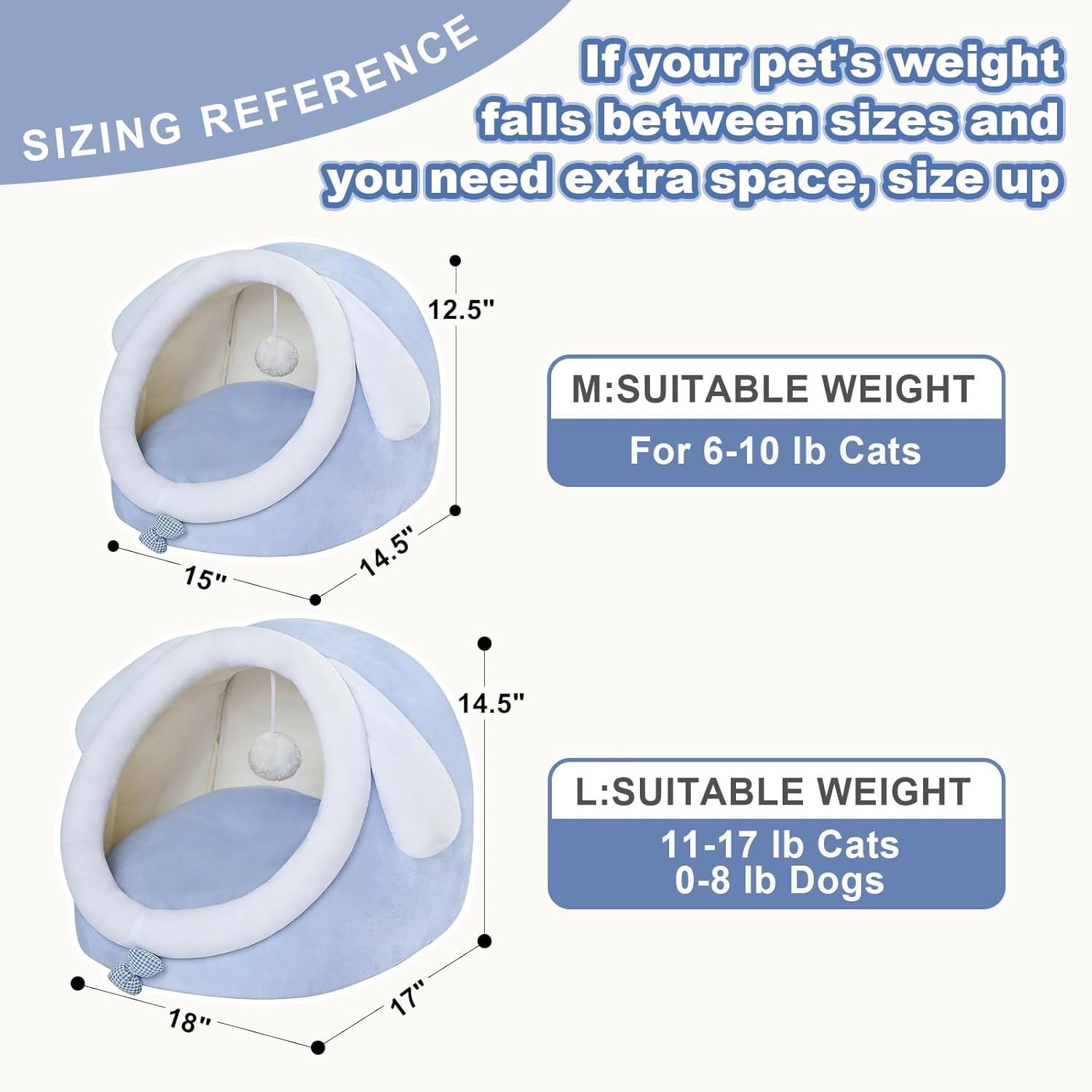 Jiupety Cute Cat Bed for Indoor Cats, Warm Soft Cave Fit for 6-10 lb Cats, Big Ear, M