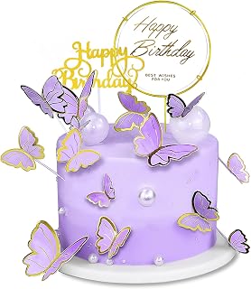 60Pcs Butterfly Cupcake Topper Purple Gold, Lively 3D Butterflies with 2Pcs Happy Birthday Topper for Cake Decor Birthday Anniversary Kids Wedding Girl Women Party Wall Food Decorations,Mixed Size