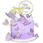 60Pcs Butterfly Cupcake Topper Purple Gold, Lively 3D Butterflies with 2Pcs Happy Birthday Topper for Cake Decor Birthday Anniversary Kids Wedding Girl Women Party Wall Food Decorations,Mixed Size