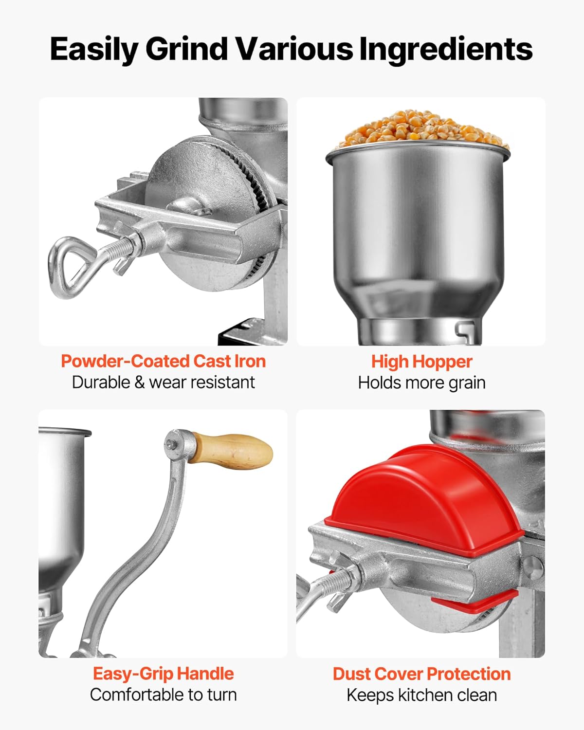 VEVOR Manual Grain Mill with High Hopper, Hand-Crank Corn Grinder, Heavy Duty Cast Iron Wheat Grinding Mill with Stable Table Clamp & Dust Cover for Grains Spices Coffee Beans Nuts