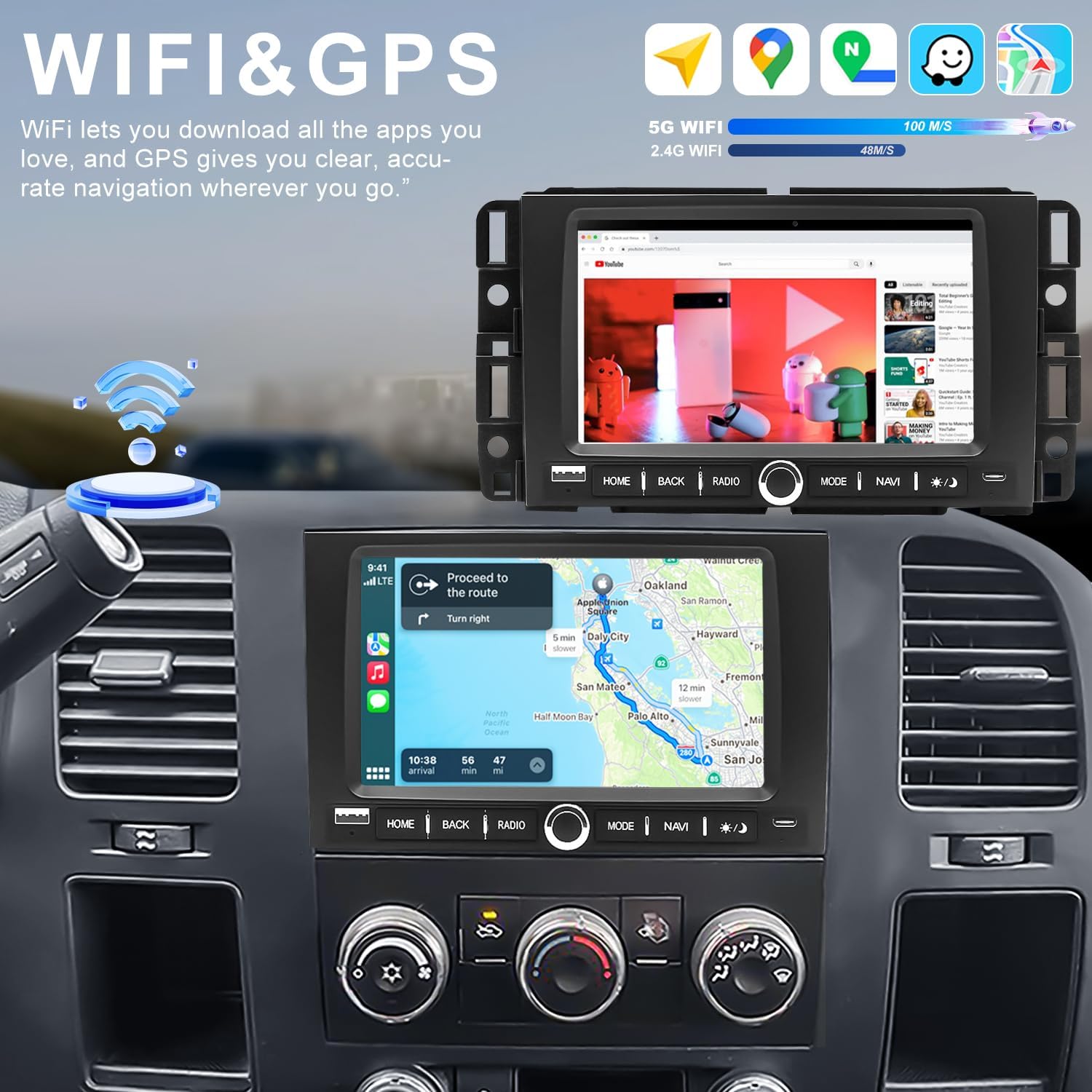 5G WiFi Car Radio for Chevrolet Chevy Silverado 1500/2500/3500 2007-2013, GMC Sierra 1500/2500/3500 2007-2013, Tahoe 2007-2014, Express Van 2013-2025, 7'' Carplay Android Auto Stereo, GPS FM BT Camera
