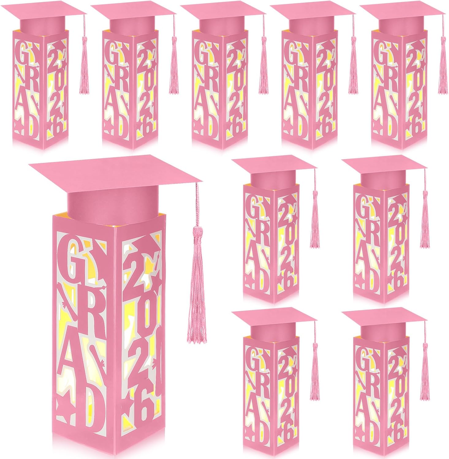 Tellingyou 9 Pcs Graduation Table Centerpieces Boxes 2026 Graduation Lantern Boxes with LED Light Small Cap Table Decorations Congrats School College Photo Props(Grad,Pink)