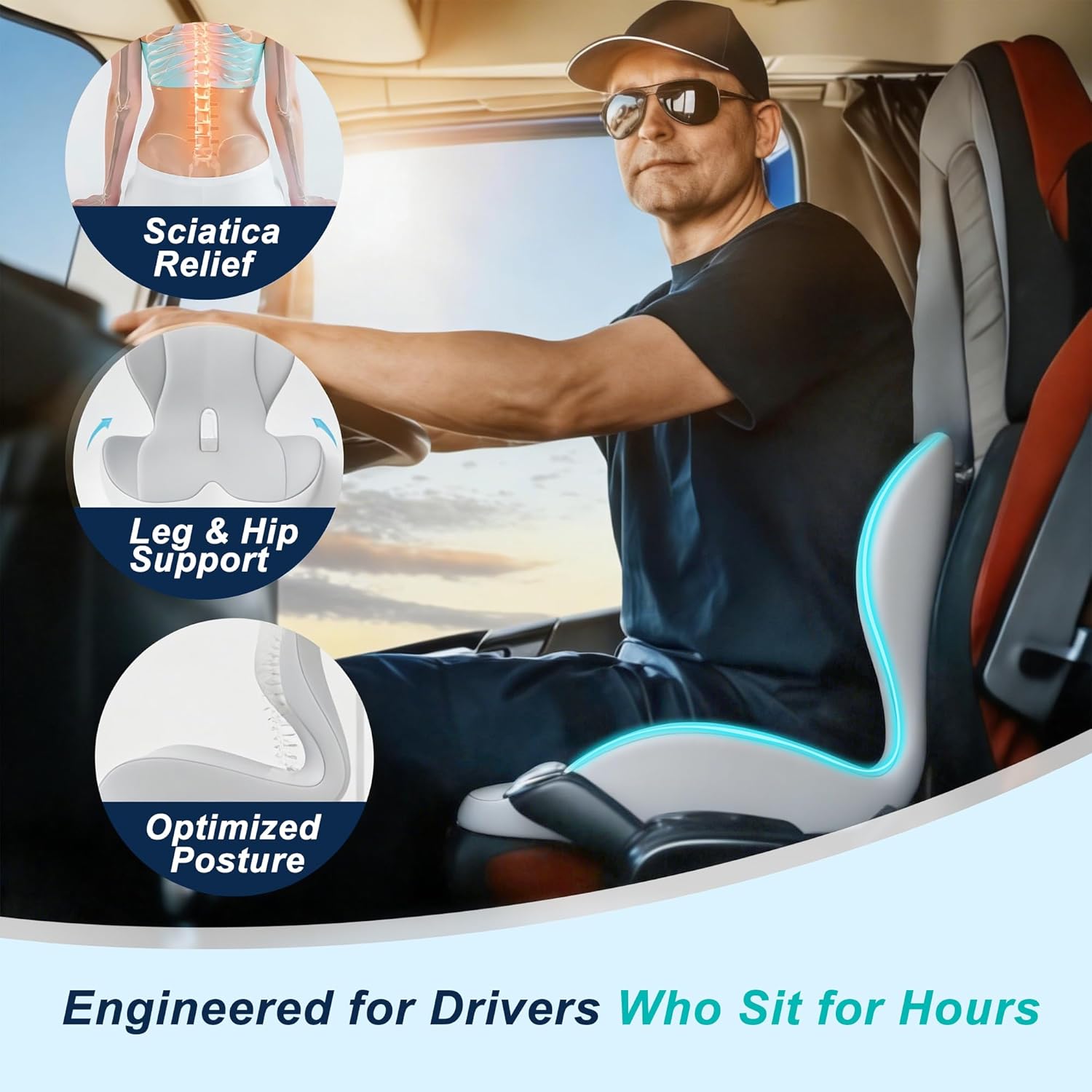 Seat Cushion for Office Chair and Car, Lumbar Support Pillow for Office Chair, Memory Foam Ergonomic Seat Cushion for Long Sitting, Back & Tailbone Pain, Sciatica - Light Gray