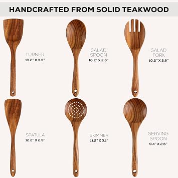 Zulay Kitchen 6 Piece Wooden Spoons for Cooking Natural Teak Wooden Utensil Set, Easy to Clean, Durable, Smooth with Comfort Grip - Non Toxic Wooden Cooking Utensil Sets
