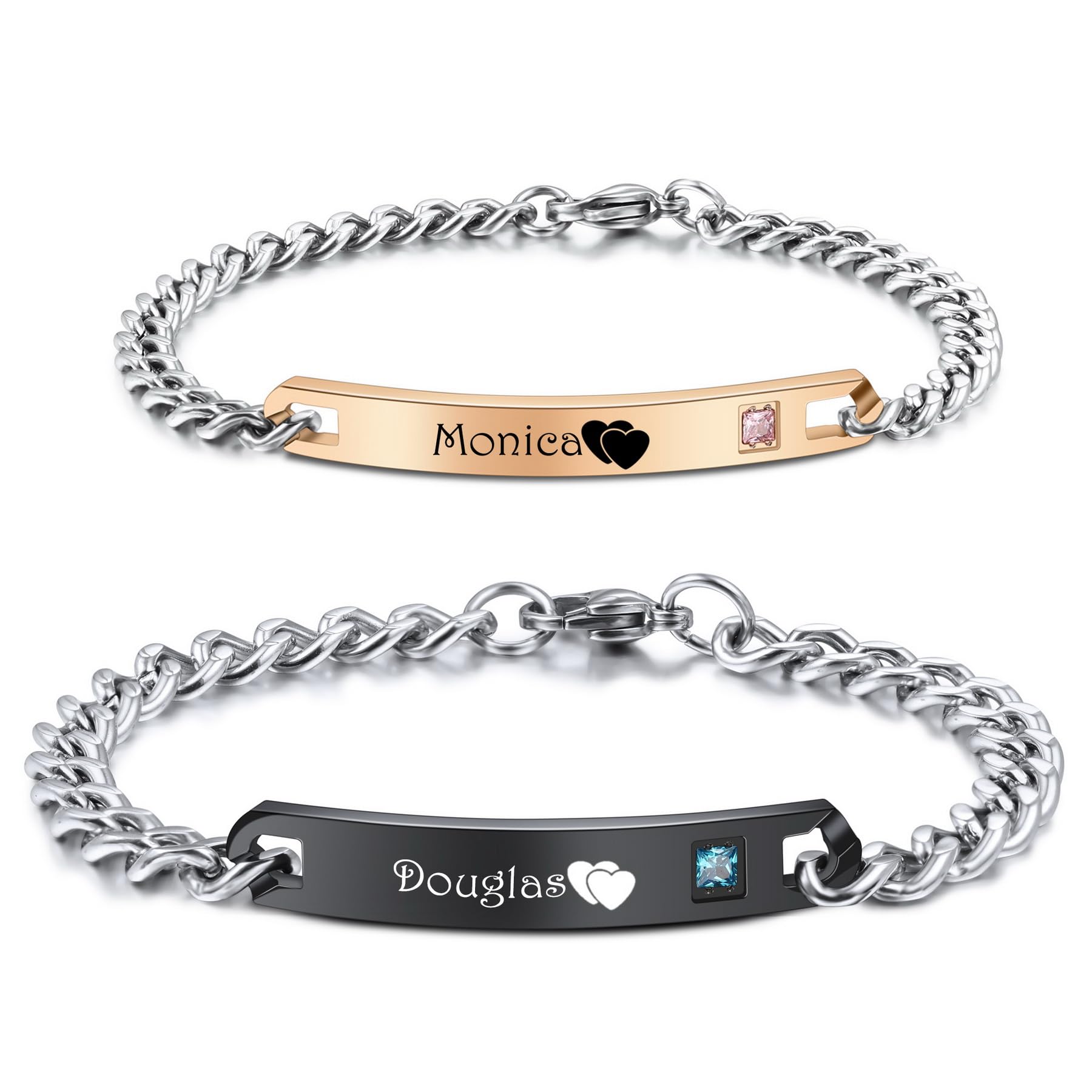 MeMeDIY Pulseras de Pareja Personalizadas 2 Piezas Grabado Nombre/Fecha para Novio Novia Pulseras de Acero Inoxidable Ajustables Regalo de Relación Amorosa