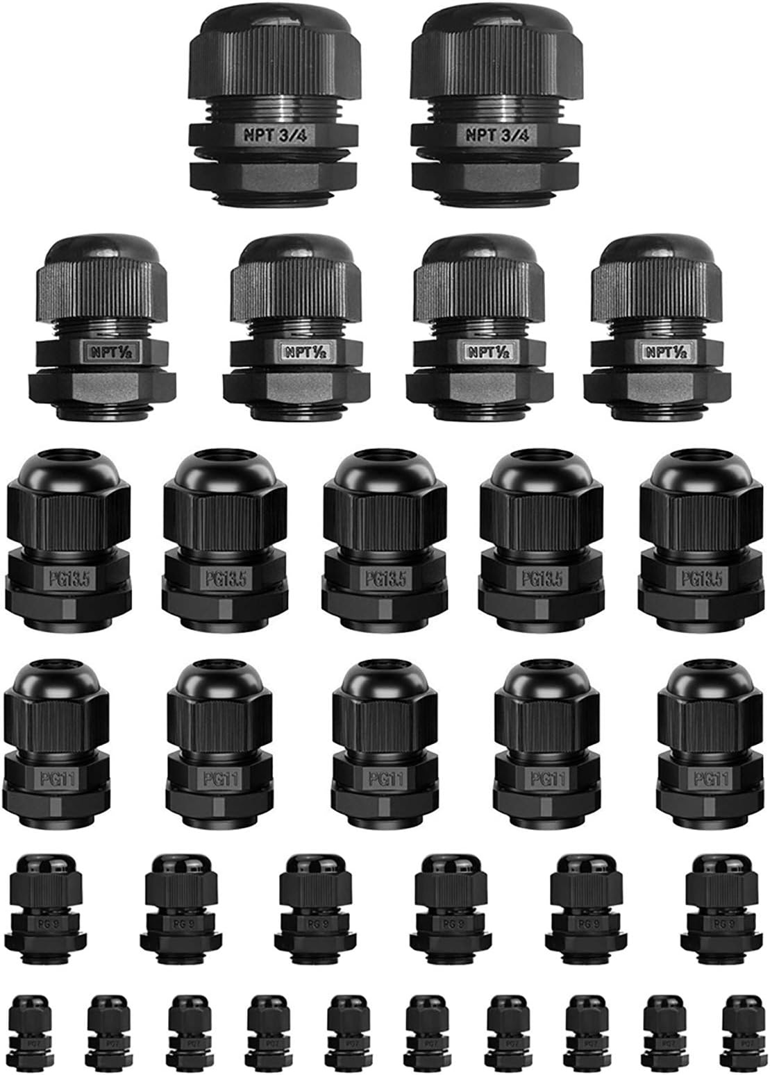 32pcs Nylon Cable Gland Waterproof IP68 Adjustable 3-18mm, NPT 3/4, NPT 1/2, PG13.5, PG11, PG9, PG7 (Black)