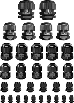 ISPINNER 32pcs Nylon Cable Gland Waterproof IP68 Adjustable 3-18mm, NPT 3/4, NPT 1/2, PG13.5, PG11, PG9, PG7 Black