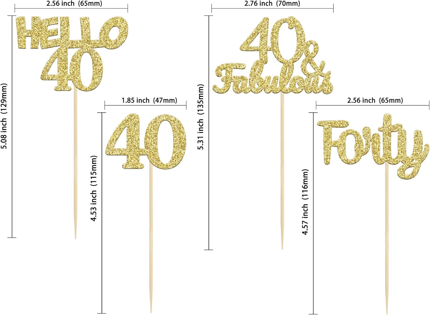 Gyufise 24Pcs Gold Glitter 40th Birthday Cupcake Toppers Hello 40 Forty Cake Decorations 40 & Fabulous Cupcake Picks for 40th Birthday Cake Decorations Supplies - Image 3