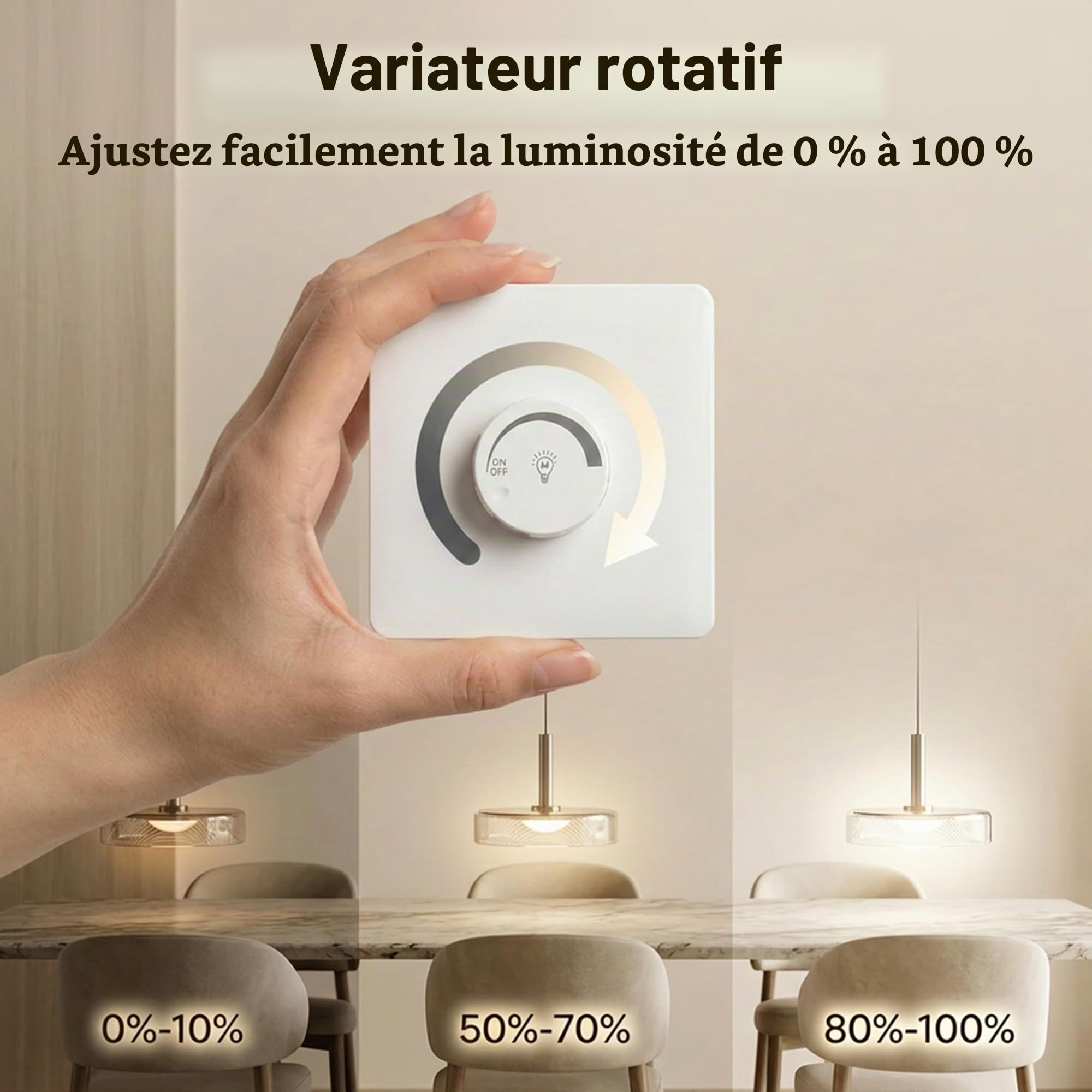 Interrupteur Variateur LED Blanc 87x87 mm, Variateur Lumiere LED avec Interrupteur Rotatif Universel, Interrupteur Dimmable pour LED à Intensité Variable, Réglage Progressif