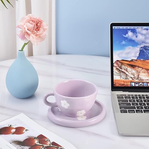 Miniatura 5 de Koythin Taza de café de cerámica con platillo, bonita taza creativa con diseño irregular único para oficina y hogar, apta para lavavajillas y