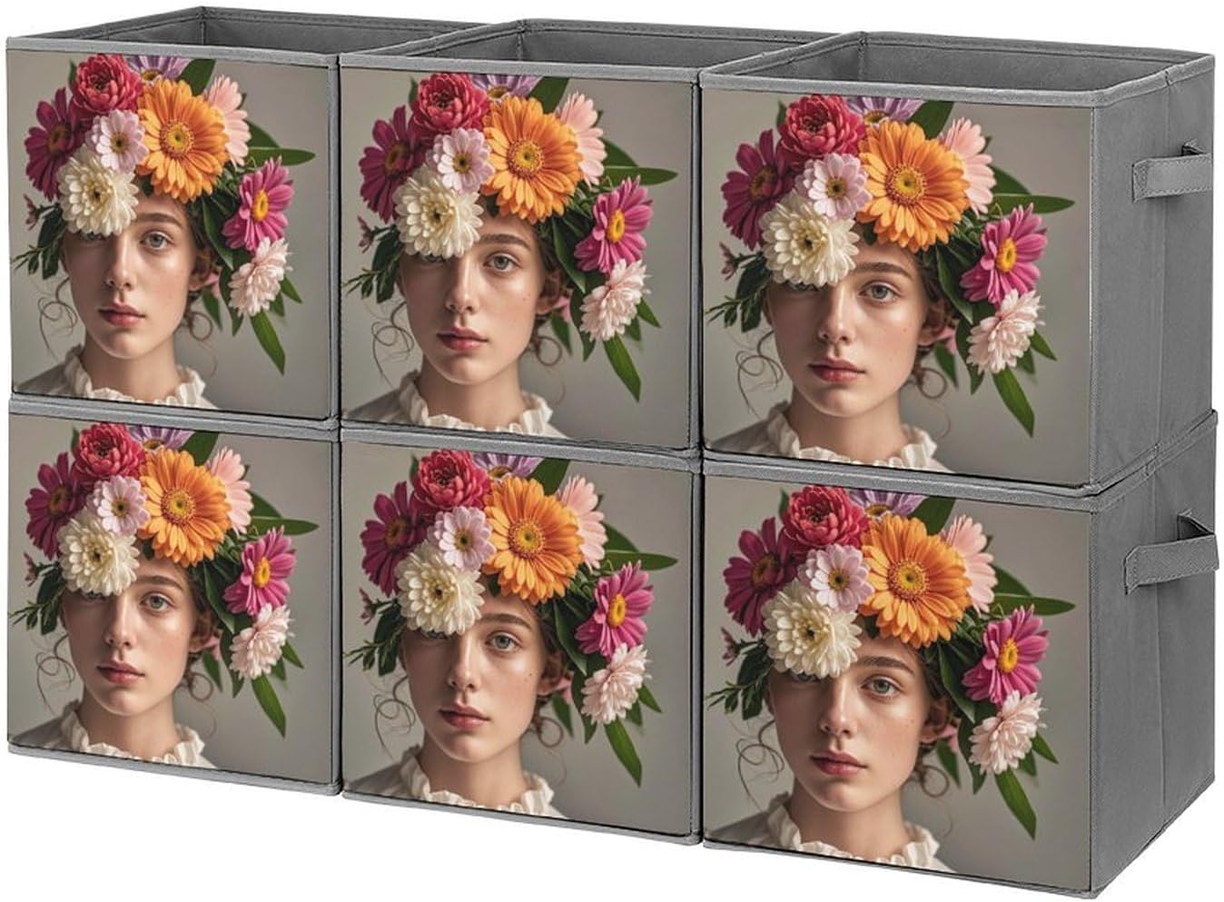 Head Wearing Floral Vortex Shape Foldable Storage Box with Handles, Durable Oxford Storage Cubes, 6PCS Collapsible Closet Organizer for Home, Shelf, Office, Travel