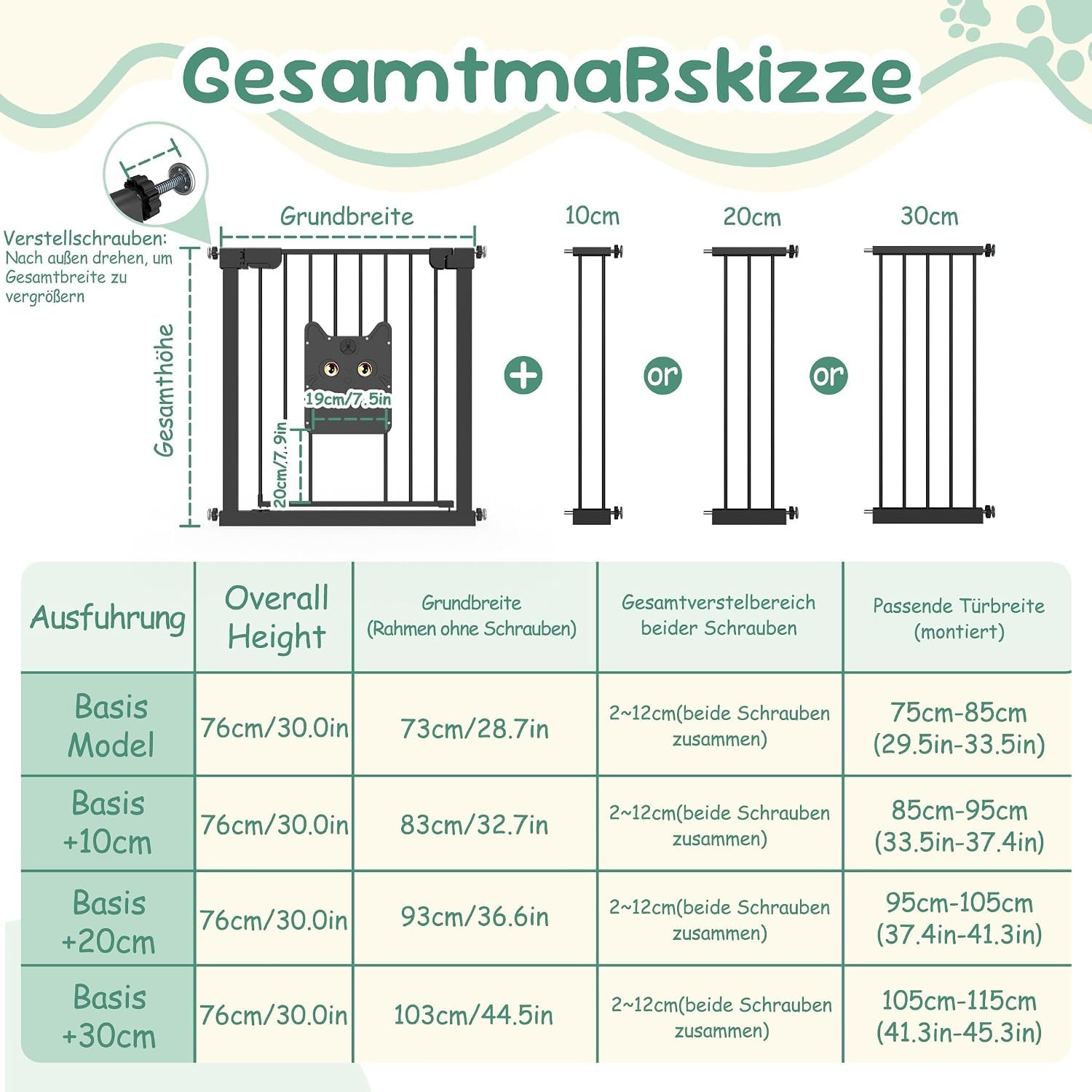 XMTECH 95-105cm Türschutzgitter mit Katzenklappe, ohne Bohren Schwarz