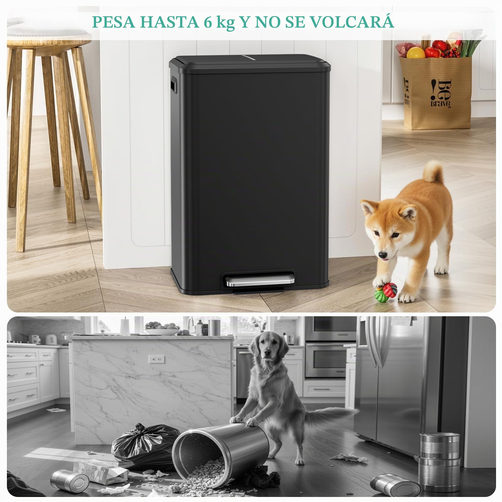 LIFERUN Cubo de basura para cocina 40l, cubo de basura con cubo interior, con tapa de cierre suave, cubo de basura con pedal, de acero, pedal para oficina, familia grande, negro