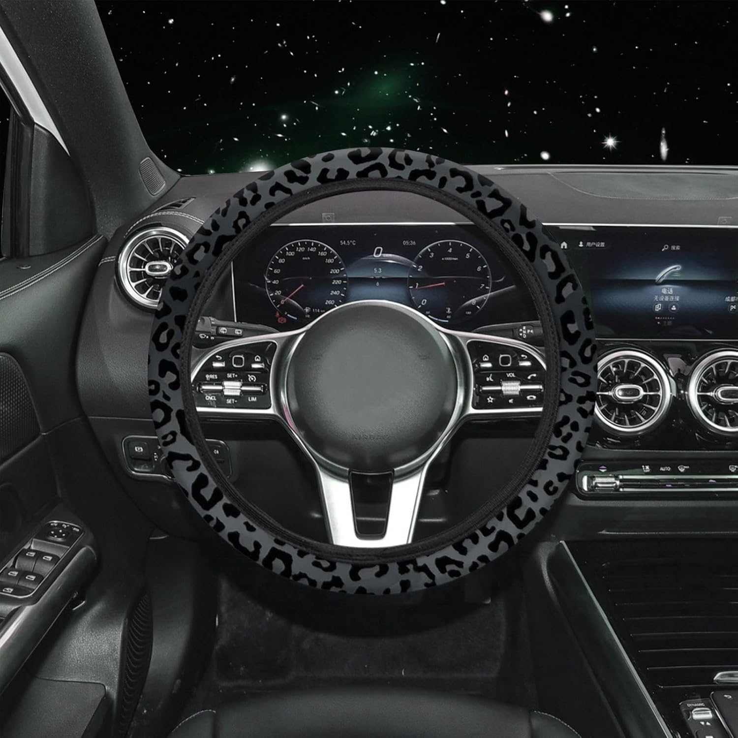 15 Pcs Black Leopard Print Printing Car Steering Wheel Cover Center Console Armrest Pad Headrest Seat Belt Cover Handbrake Cover Keychain Coaster Full Set Car SUV