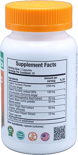 Miniatura 2 de Med365 Curcumina de cúrcuma de 1200 mg y 95% de extracto de 150 mg con pimienta negra, jengibre y extracto de raíz de Ashwagandha, vegano, sin OMG,