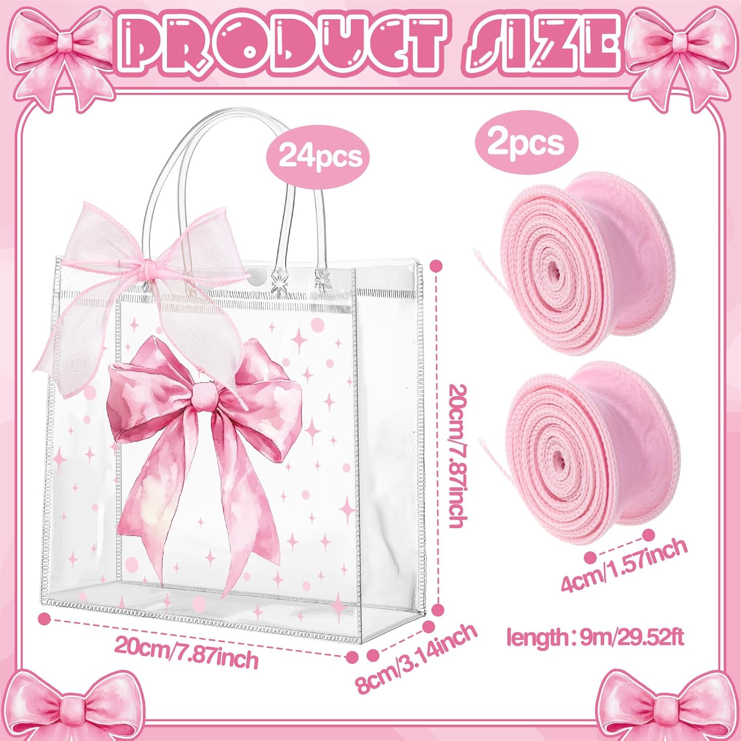 Wesnoy 24 Pcs Pink Bow Clear PVC Gift Bags with Handles Coquette Bowknot Party Favor Candy Treat Tote Bags for Birthday Wedding Party