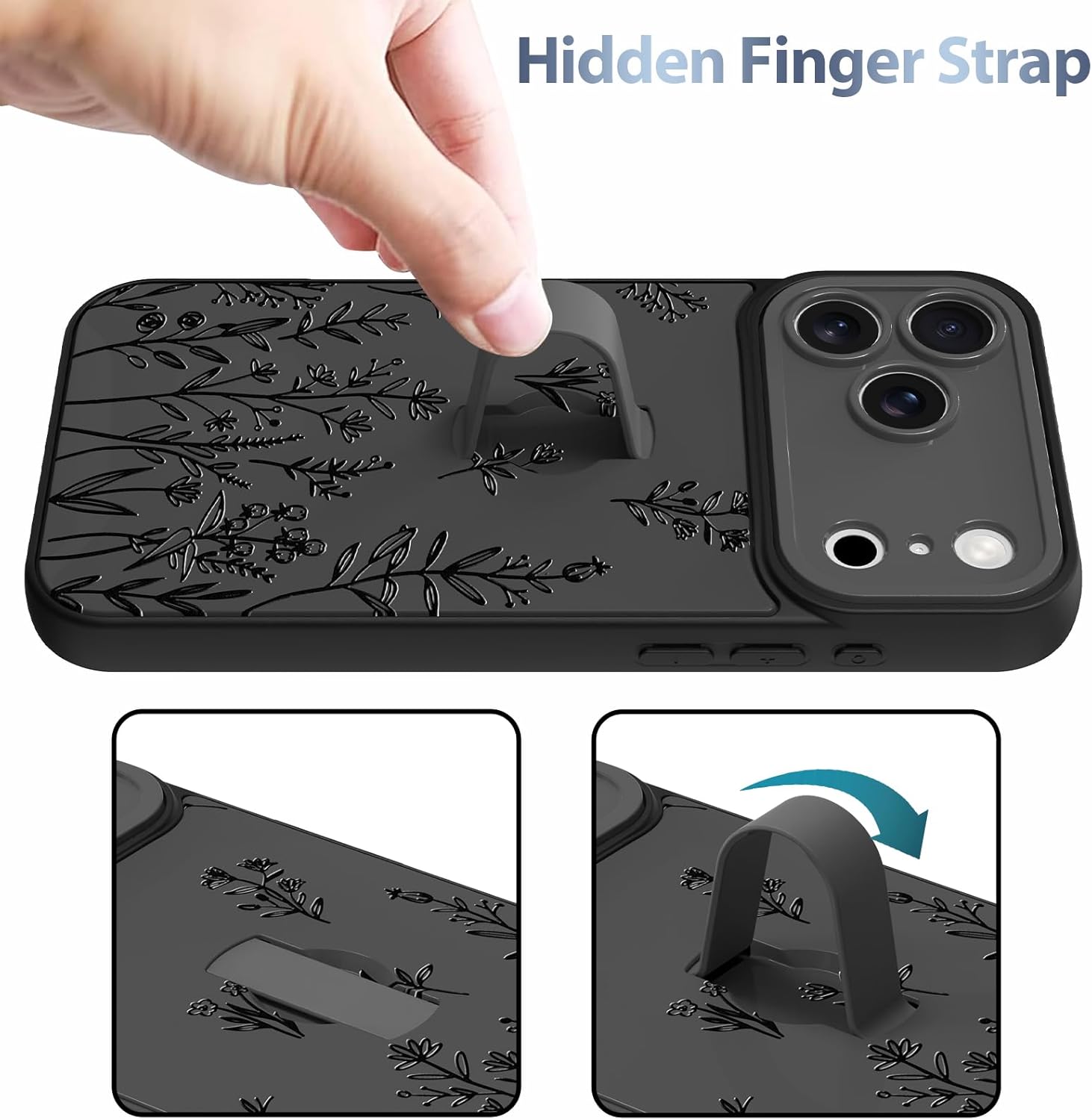 AIGOMARA Case Made for iPhone 17 Pro with Finger Strap Stand Cute Black Flower Floral for Women Girls Soft TPU Bumper Hard PC Back Anti-Fall Shockproof Protective Slim Cover