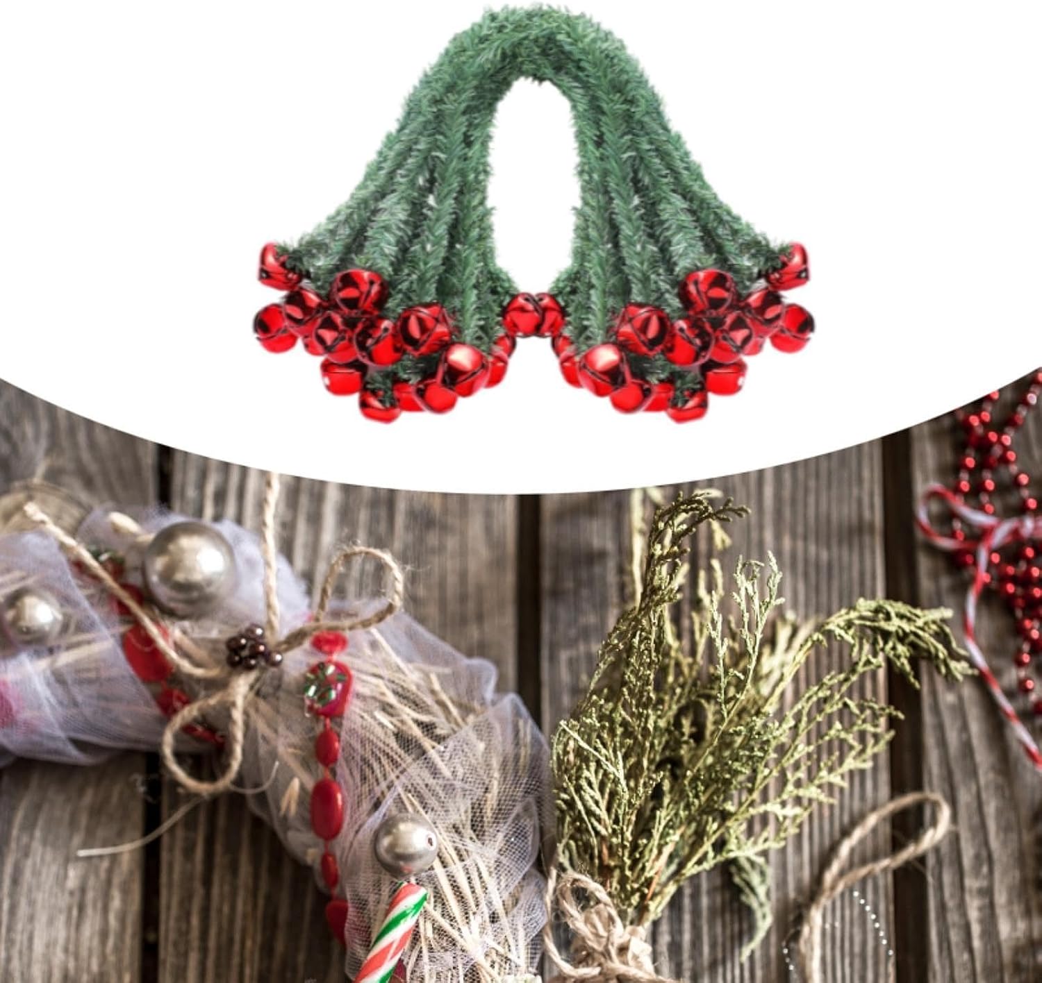 25Pcs Christmas Garland Ties with Bells Ornaments 19.69inch for Banister Stairs Railing for Craft Wrapping Gift