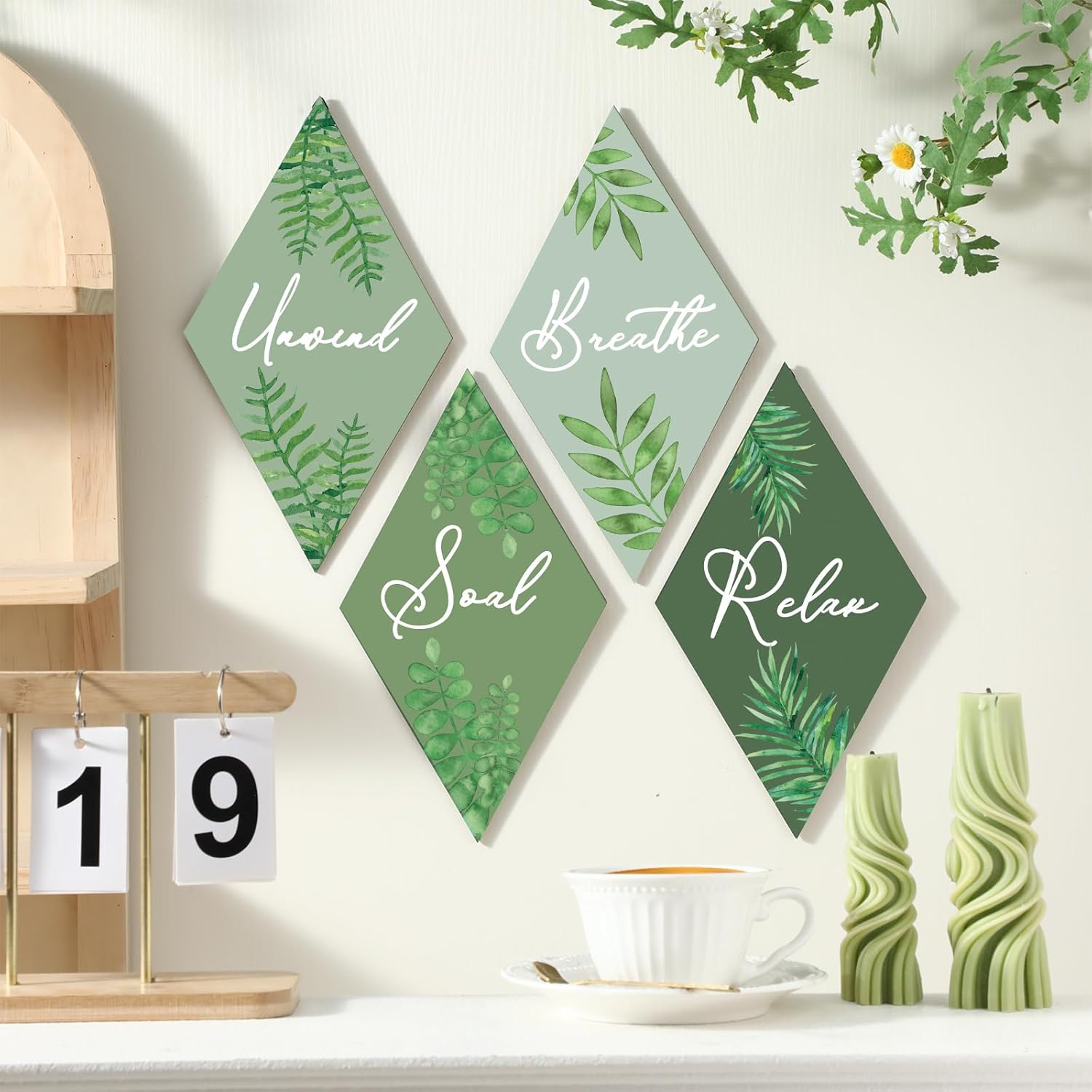 Jetec 4 Pcs Bathroom Decor Wall Art Relax Soak Unwind Breathe Wooden Sign Hanging Bathroom Decor for Bedroom Living Room Office Farmhouse Decorations(Fresh)
