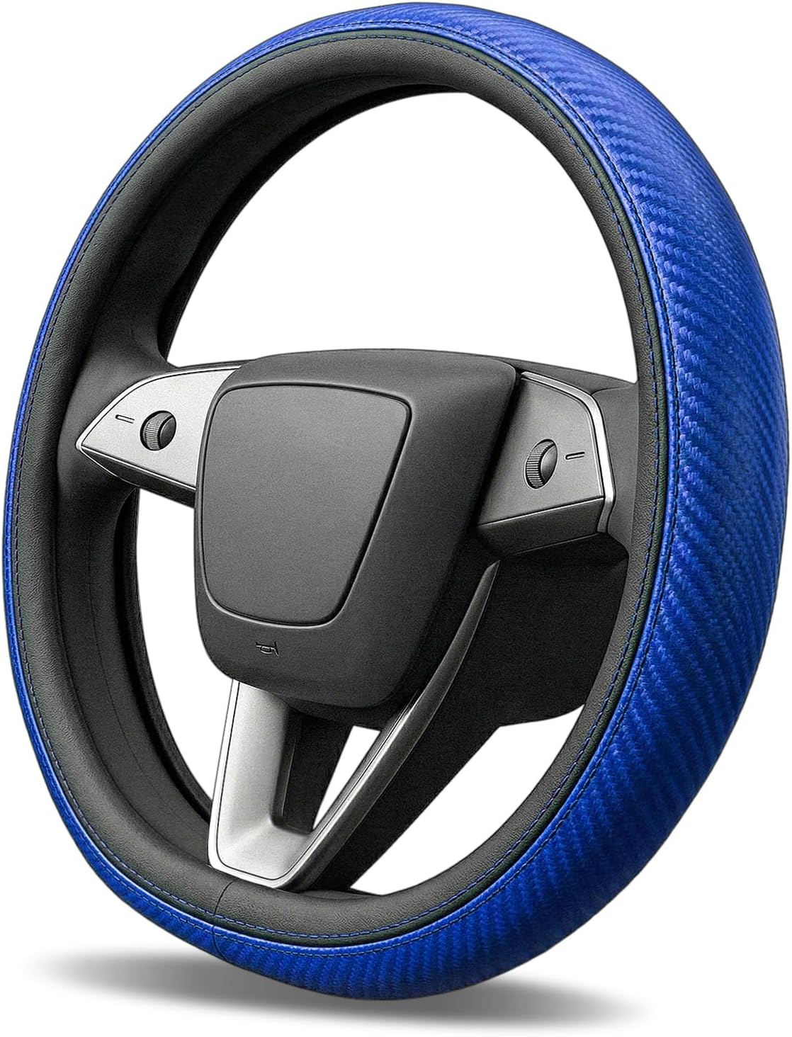 Steering Wheel Cover for Tesla Model 3, Model Y, Anti-Slip Nappa Leather and Carbon Fiber Pattern, D-Shaped Style, 14-14.2 inches (36cm), Blue