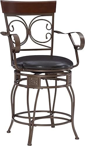 Dayne - Taburete grande y alto de 24 pulgadas con brazos en metal de bronce oscuro con asiento acolchado de piel sintética marrón oscuro con giro de