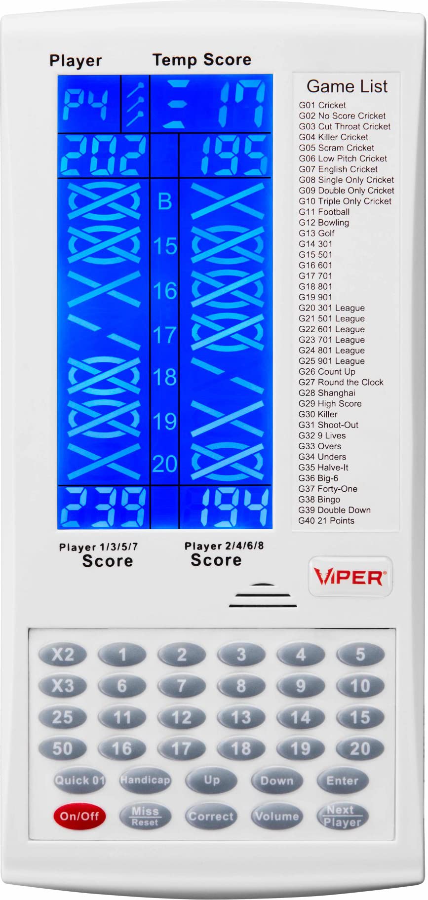 Viper, tabellone segnapunti elettronico ProScore per freccette digitale, per un massimo di 8 giocatori, con 40 giochi e 655 opzioni di gioco, tra cui cricket e X01