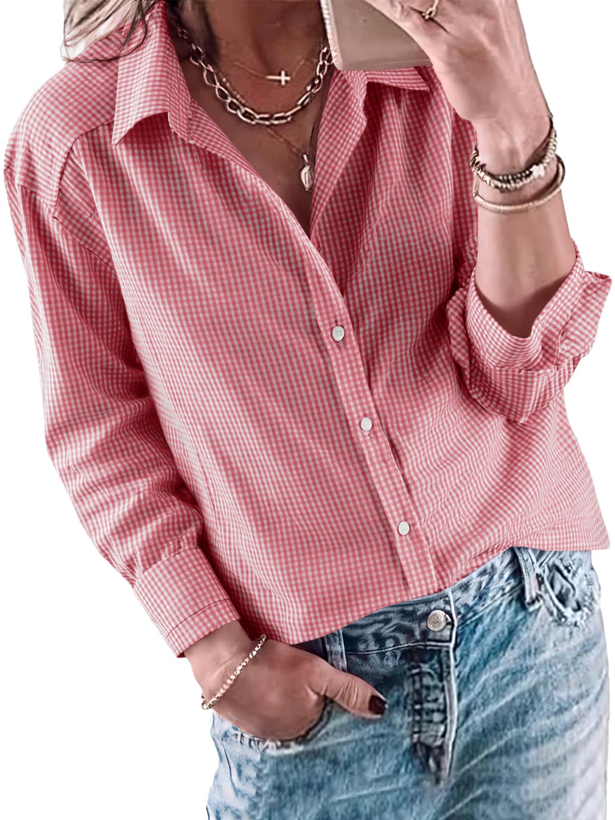 Cicy Bell Damen V-Ausschnitt Bluse Elegant Lässig Langarm Button Down Karierte Blusen Casual Business Top Hemdbluse Lockere Shirts Tunika Oberteil