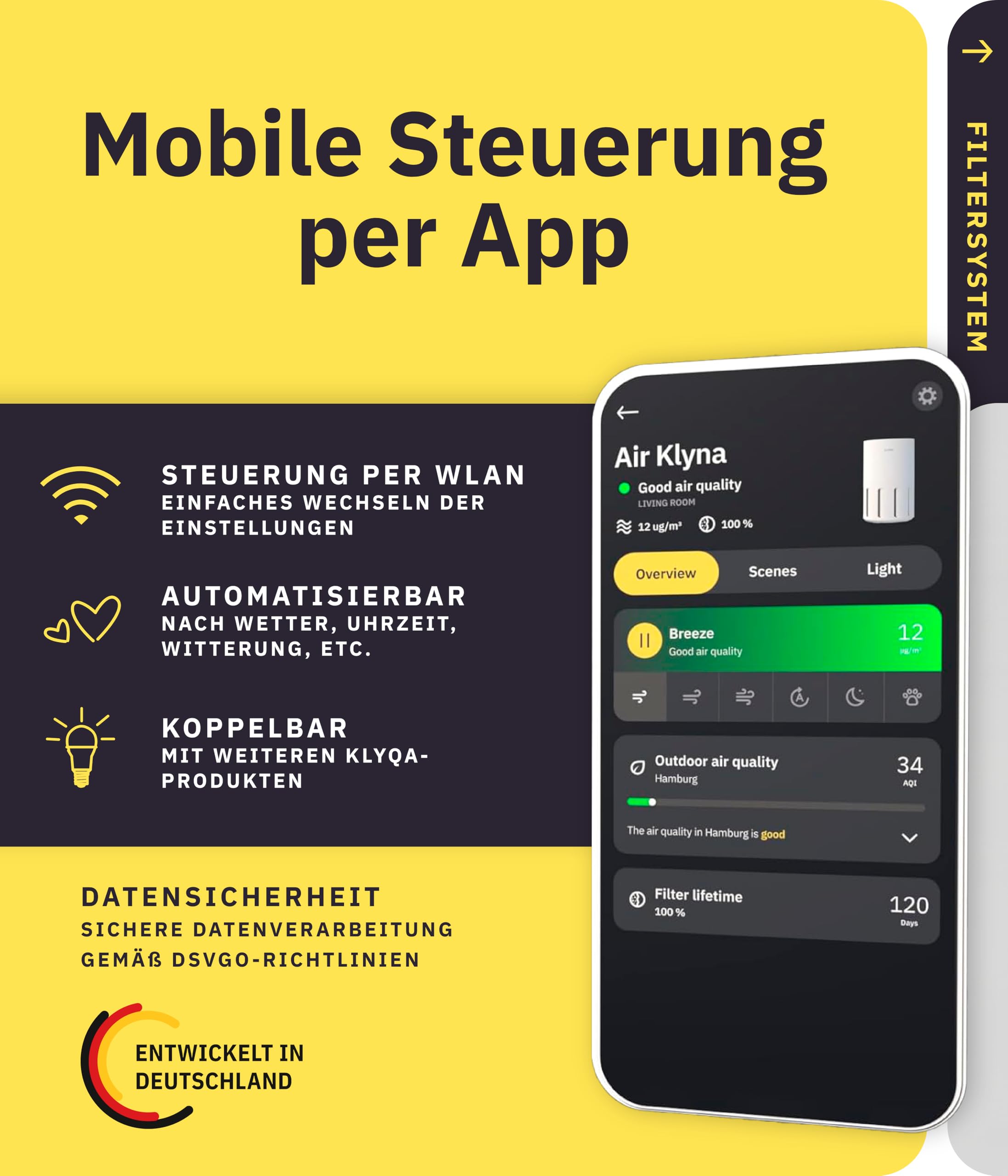 Klyqa Luftreiniger Allergiker 360° HEPA-Filter Leaf entfernt 99,99% der Tierhaare, Staub & Pollen I 300 CADR I 21,5Db Geräuscharmer Luftfilter I Smart Air purifier gegen Tierhaar I Server in DE