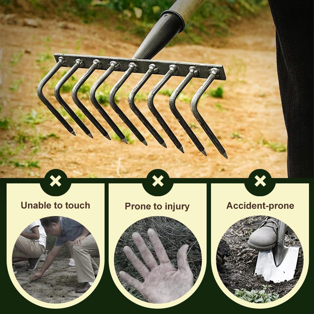Manganese Steel Garden Weeding Rake, Heavy Duty Manual Weed Puller Tool, Garden Hand Weeder for Lawn Yard Farm Weeding Gardening Tool (4 Teeth)
