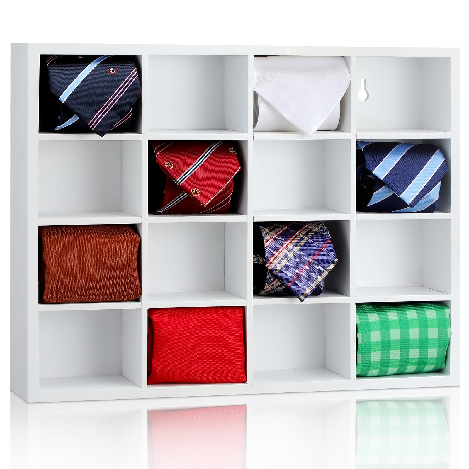 Wesiti Tie Box Organizer Wall Mounted Tie Rack with 16 Compartments Bamboo Belt Holder for Men Scarf Necktie Home Wall Closet(White Color,1 Piece)
